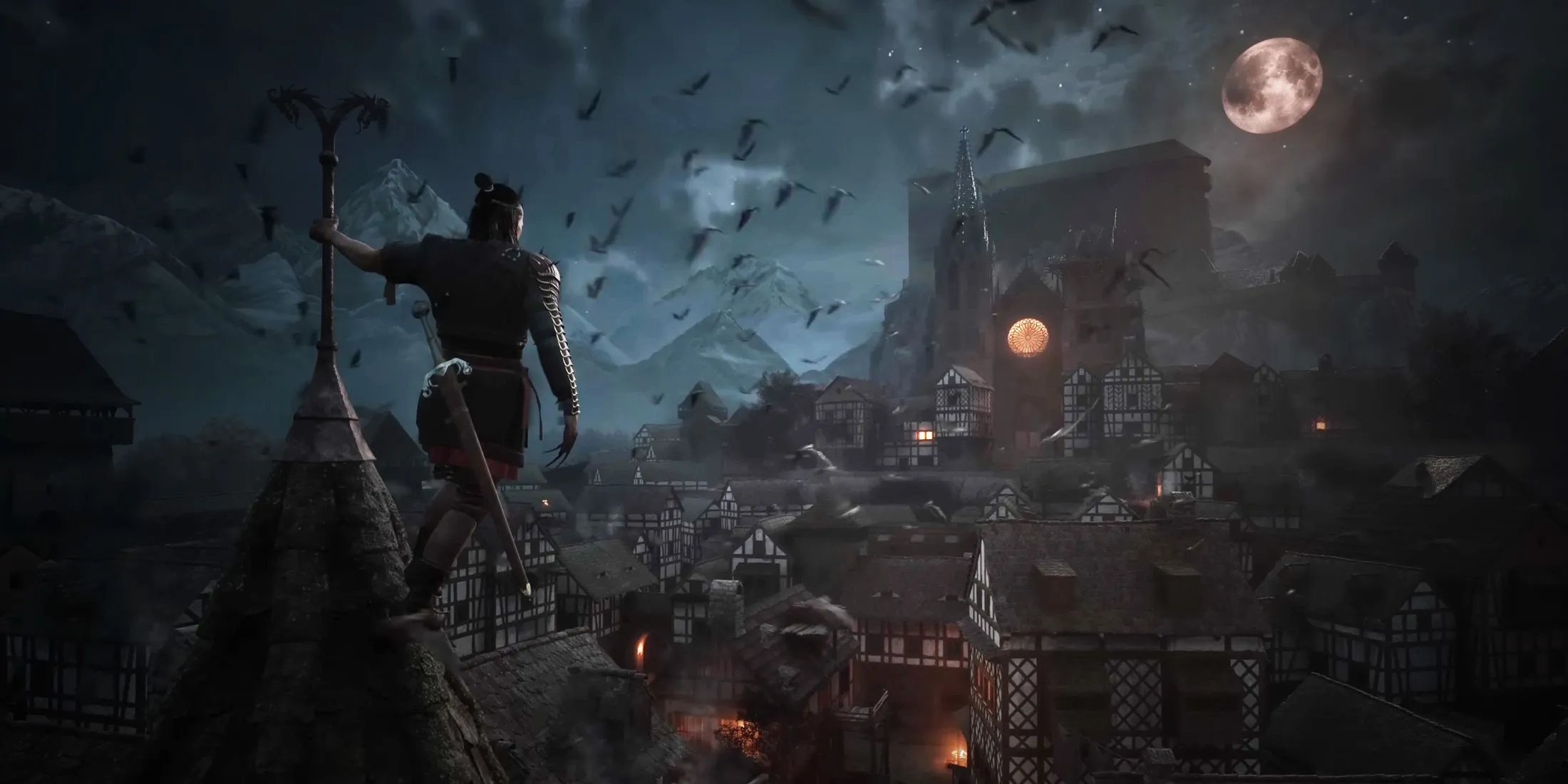 Cảnh quan thành phố thời trung cổ vào ban đêm trong The Blood of Dawnwalker, với tông màu u tối và kiến trúc đặc trưng