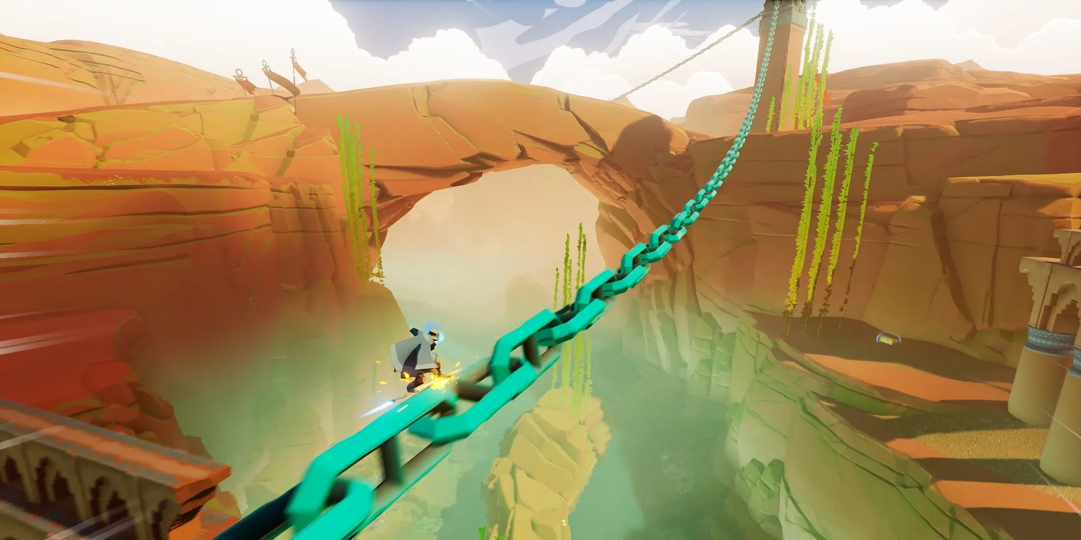 Chuỗi combo lướt ván kiếm trên đường ray, thể hiện kỹ năng cao và cơ chế gameplay linh hoạt