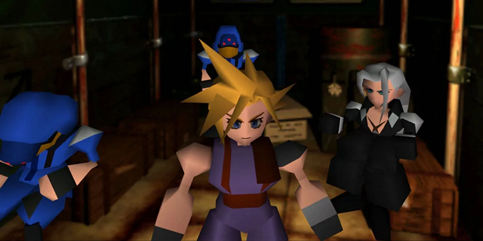 Cloud Strife và Tifa Lockhart trong một cảnh quay kinh điển từ Final Fantasy VII bản gốc, thể hiện đồ họa PlayStation 1.