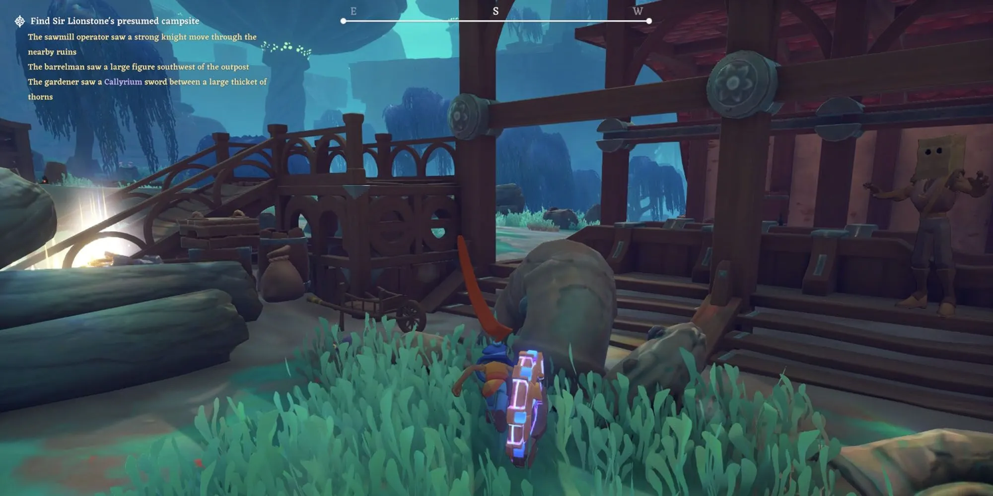 Game thủ The Knightling di chuyển về phía Nam từ xưởng cưa, phía trước là những cây liễu rủ báo hiệu đúng hướng.
