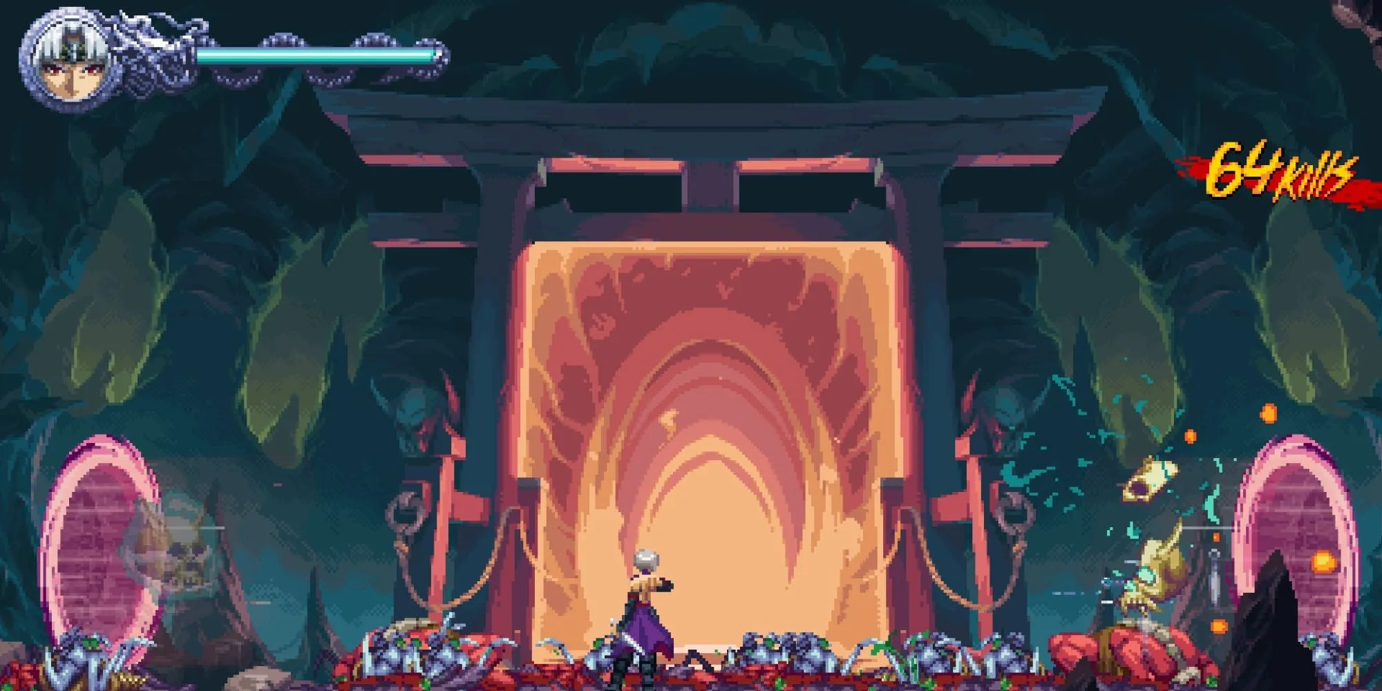 Giao diện chiến đấu kịch tính của Ninja Gaiden Ragebound, nơi người chơi đối mặt với kẻ thù mạnh và sử dụng kỹ năng đặc biệt