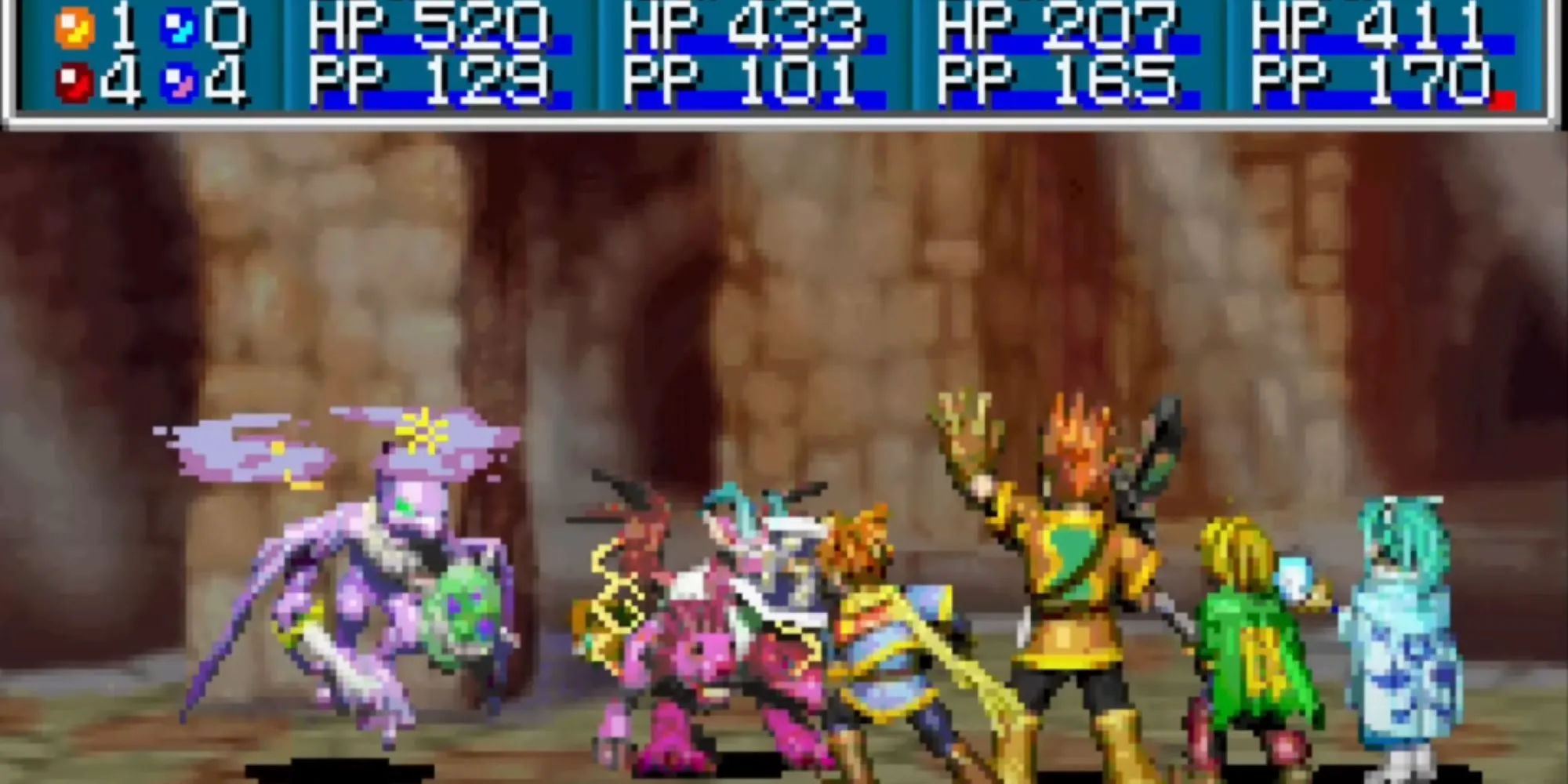 Giao diện chiến đấu theo lượt đặc trưng của tựa game JRPG Golden Sun trên GBA.