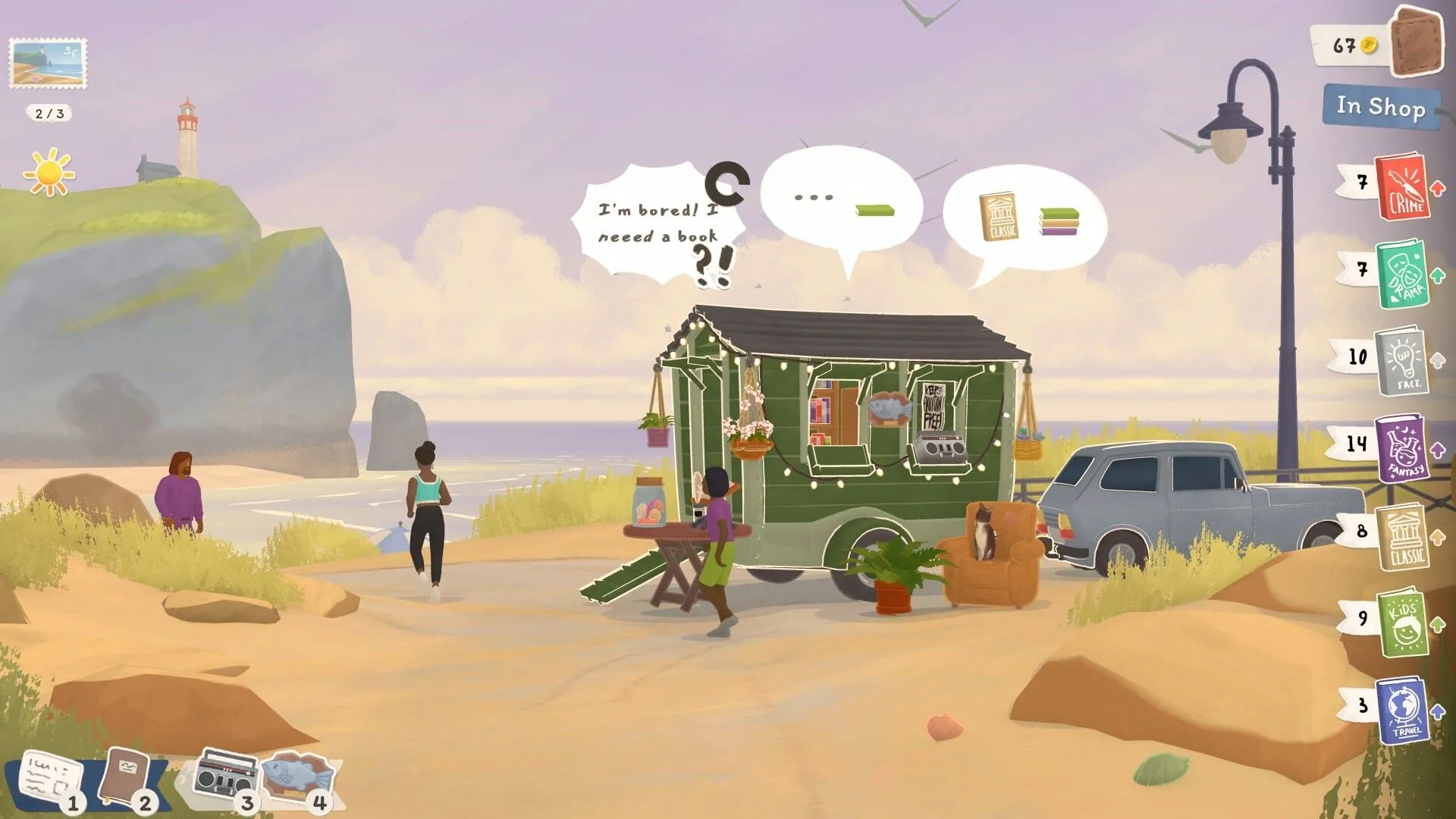 Giao diện gameplay của Tiny Bookshop, hiển thị gian hàng sách di động và môi trường thị trấn