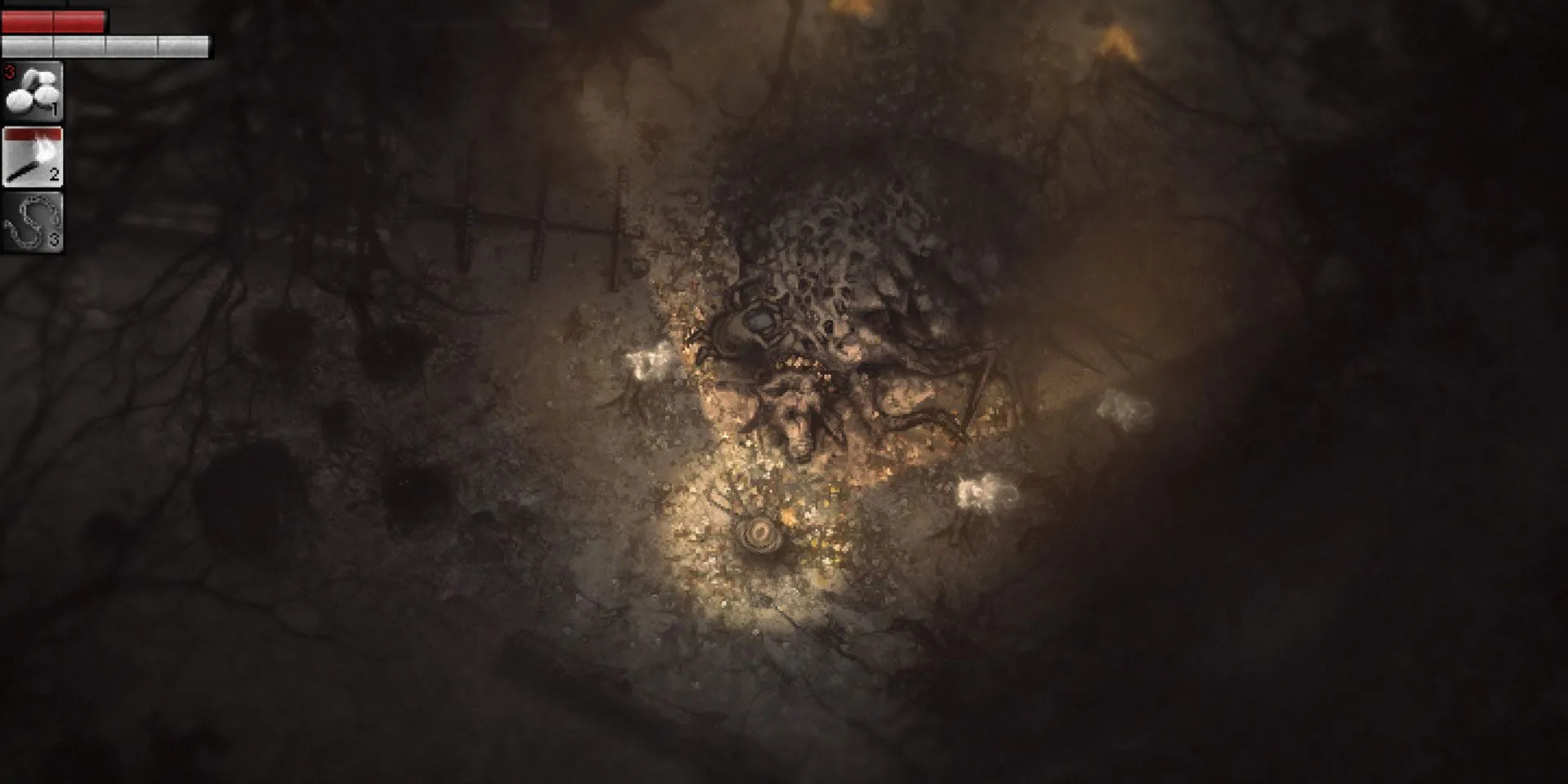 Giao diện gameplay Darkwood, một game kinh dị sinh tồn góc nhìn từ trên xuống trong khu rừng u ám.