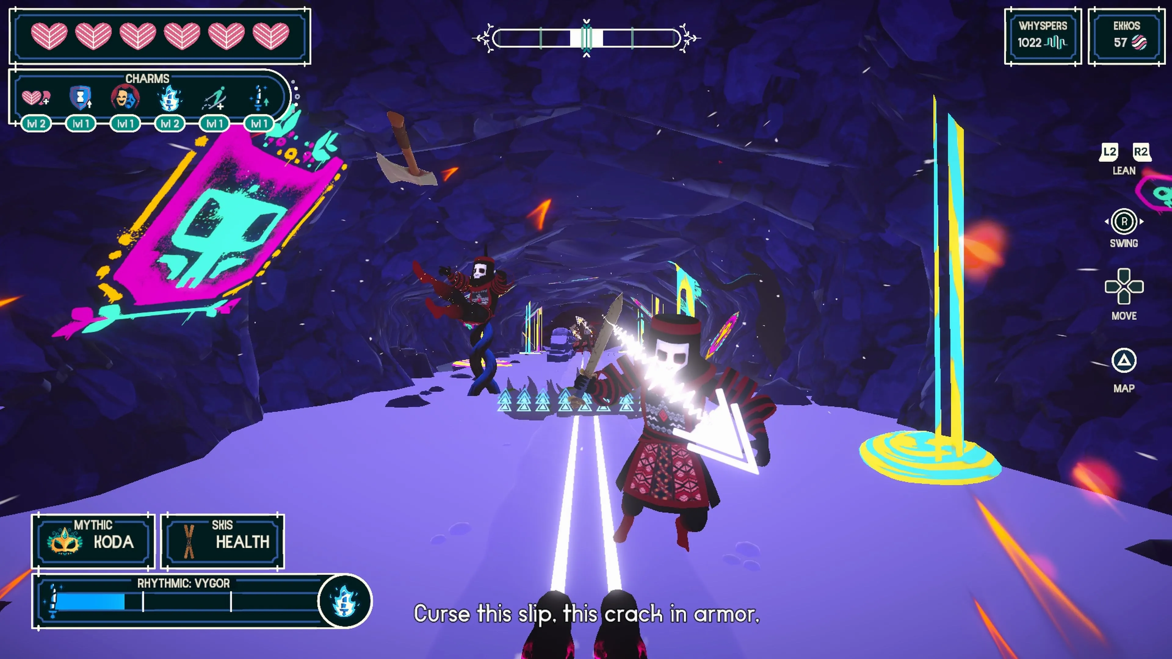 Giao diện gameplay Fresh Tracks với nhân vật đang vung kiếm chém kẻ thù trên đường trượt.