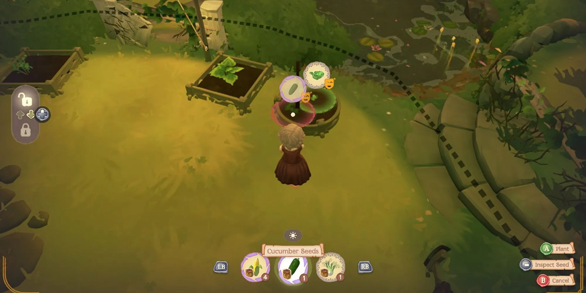 Giao diện làm vườn trong Tales of the Shire, hiển thị các loại cây trồng tương thích.