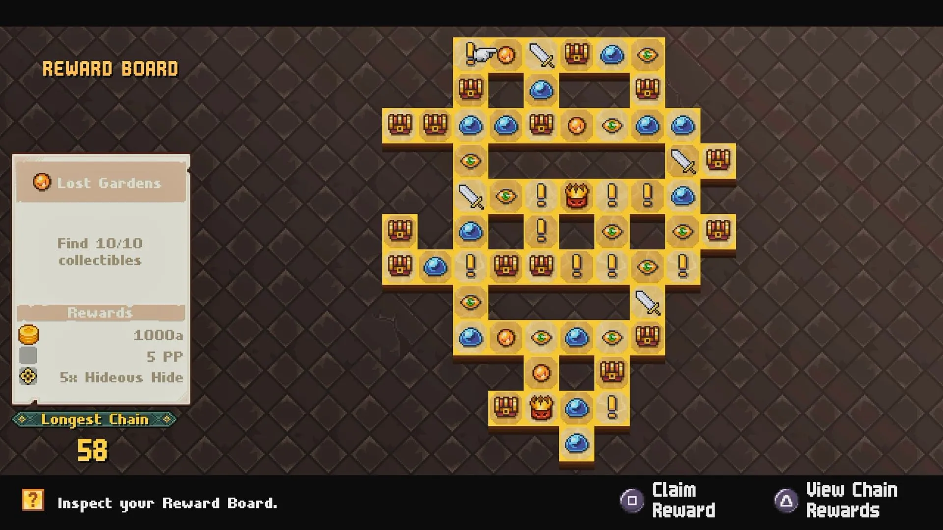 Giao diện Reward Board trong Chained Echoes: Ashes of Elrant, hiển thị hệ thống tiến trình và mục tiêu phụ.