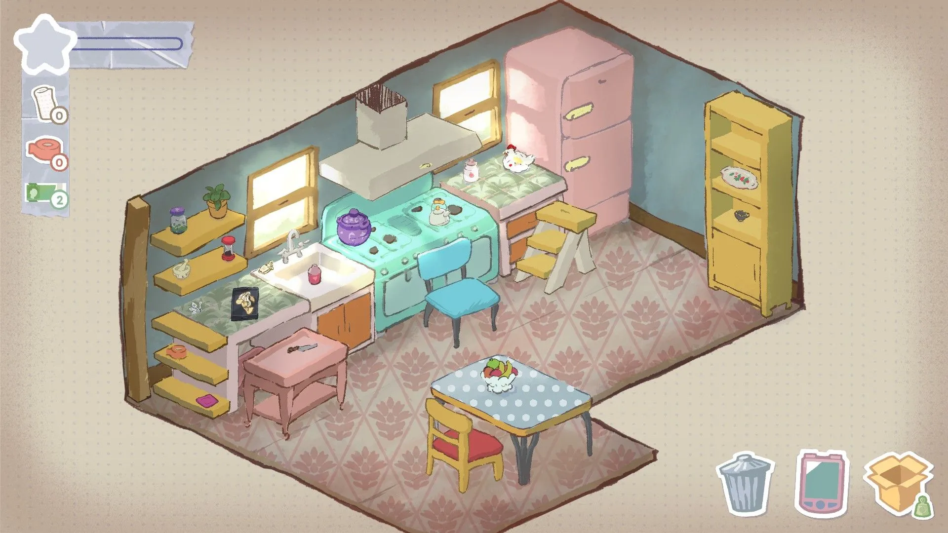 Giao diện sắp xếp đồ vật trong game A Storied Life: Tabitha với các hộp và vật phẩm