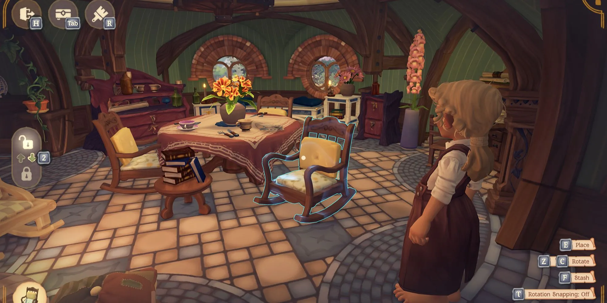Giao diện trang trí hố Hobbit trong Tales of the Shire, thể hiện tùy biến nội thất chi tiết.
