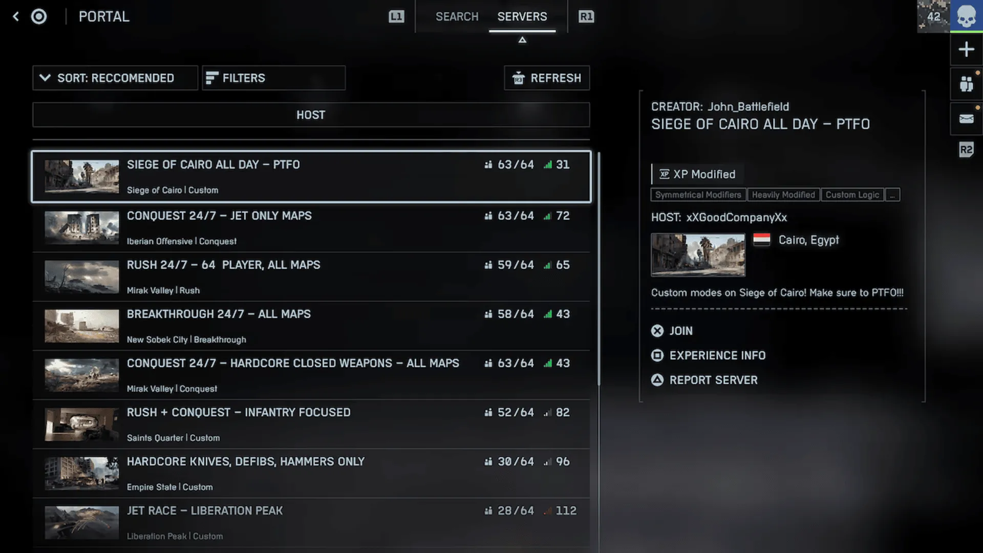 Giao diện tùy chỉnh chế độ Battlefield Portal trong BF6, minh họa tính năng máy chủ duy trì