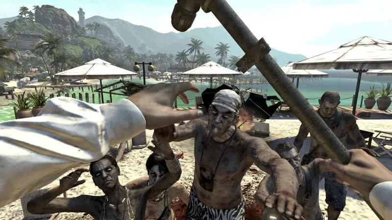 Góc nhìn thứ nhất trong Dead Island, người chơi cầm ống tuýp, tương phản với trailer tiết lộ đầy cảm xúc