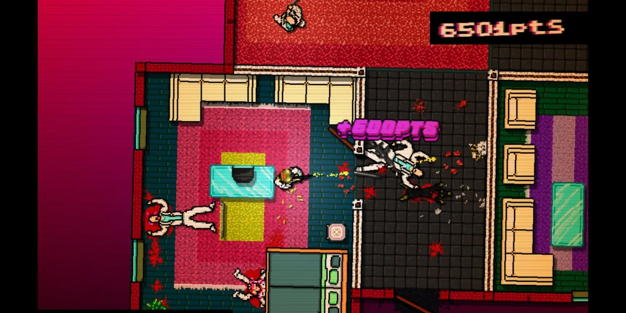 Góc nhìn top-down đặc trưng và hành động bạo lực trong Hotline Miami, nơi kỹ năng là yếu tố sinh tồn.