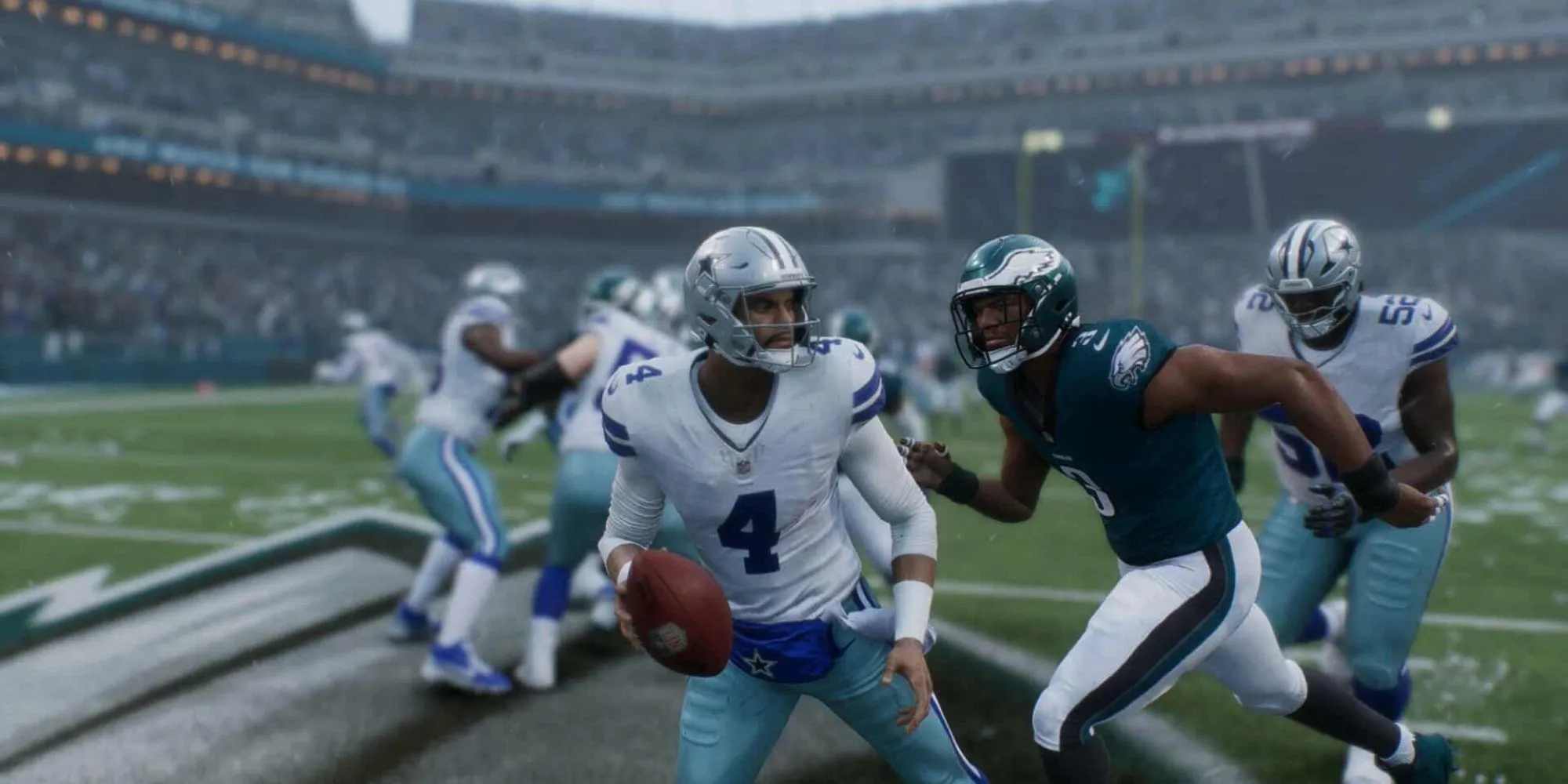 Hậu vệ phòng thủ trong Madden NFL 26 đang nỗ lực cản phá tiền vệ Dak Prescott, minh họa vấn đề AI trong gameplay