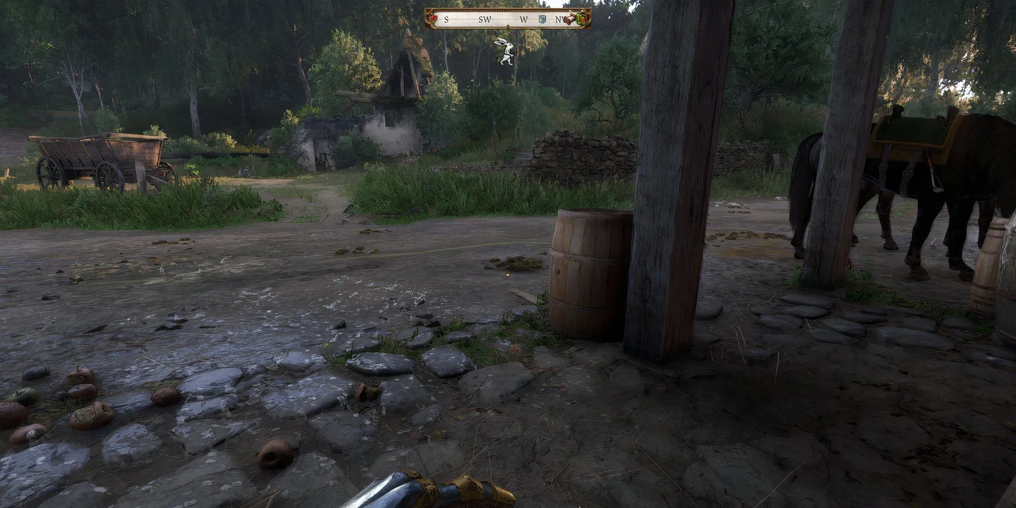 Henry lén lút trong bụi rậm, không có giao diện Bunny UI hiển thị trong Kingdom Come Deliverance 2