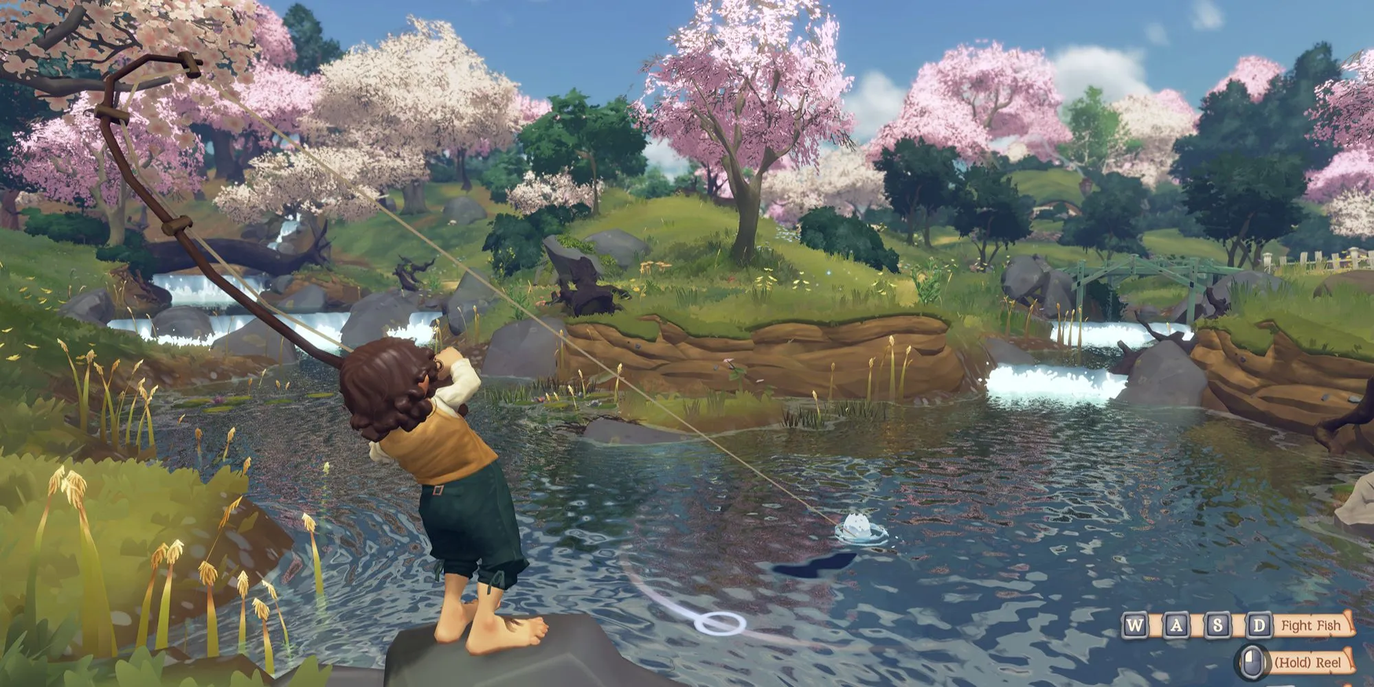 Hoạt động câu cá trong Tales of the Shire, với phong cách thư giãn và hài hước đặc trưng.