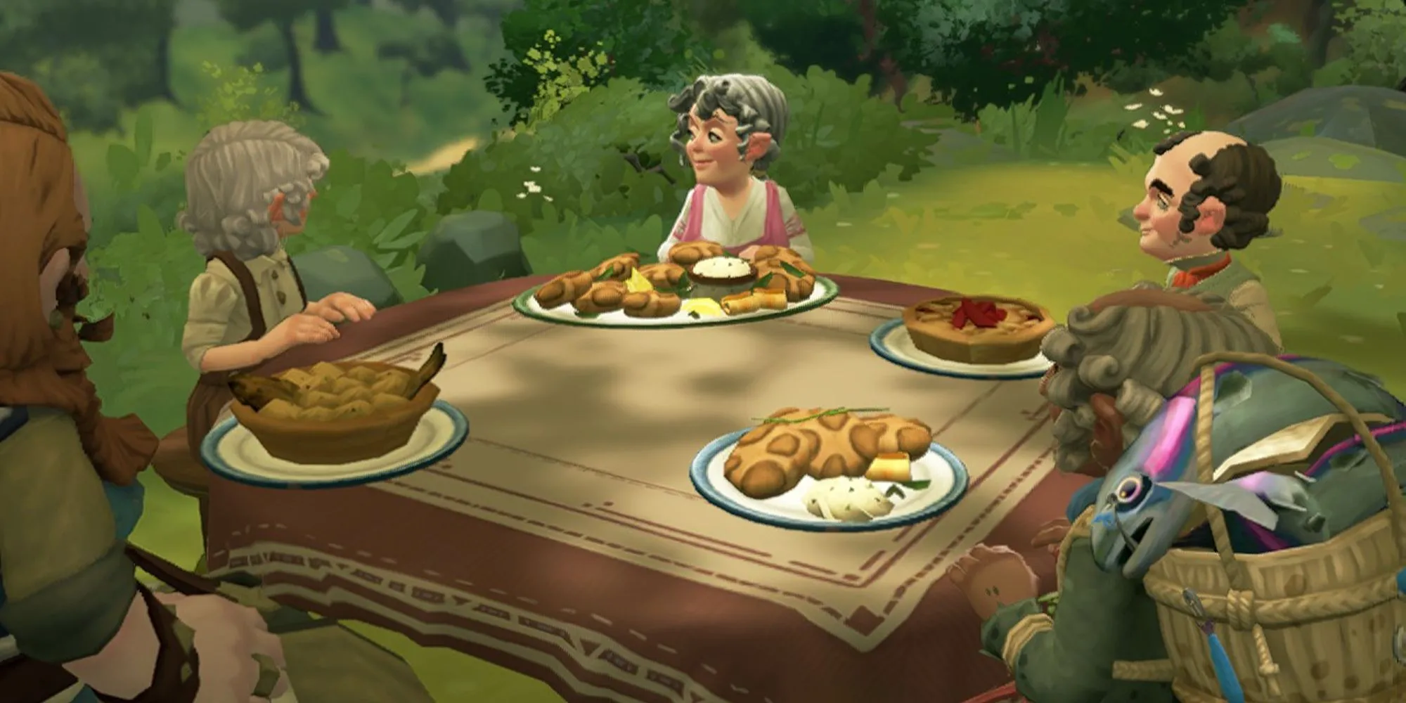 Hobbit chia sẻ bữa ăn tại Bywater trong Tales of the Shire, thể hiện hoạt động cộng đồng.