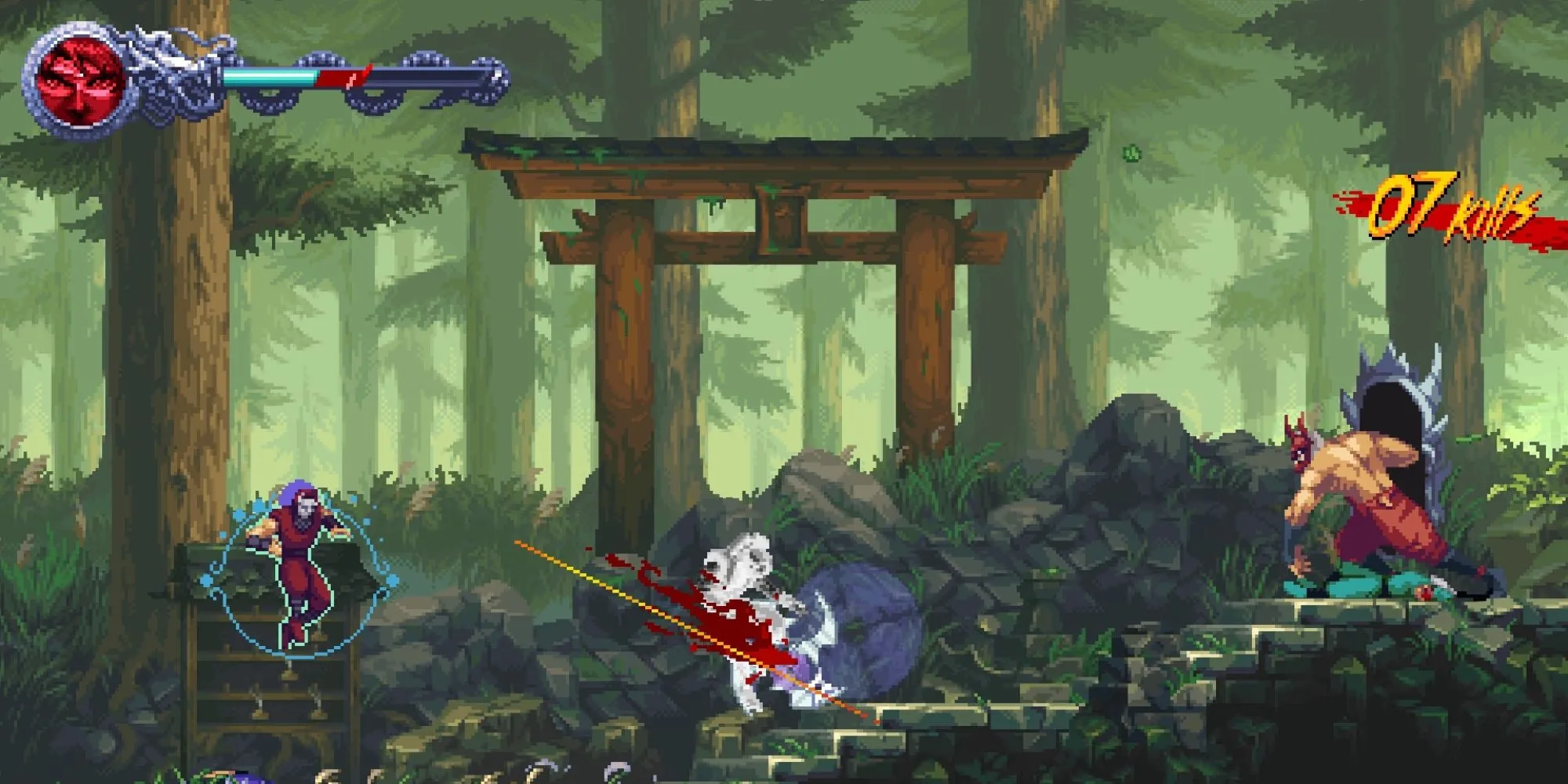 Kenji Mozu và Kumori trong lối chơi hành động 2D của Ninja Gaiden Ragebound, thể hiện cơ chế hợp nhất linh hồn và platforming độc đáo