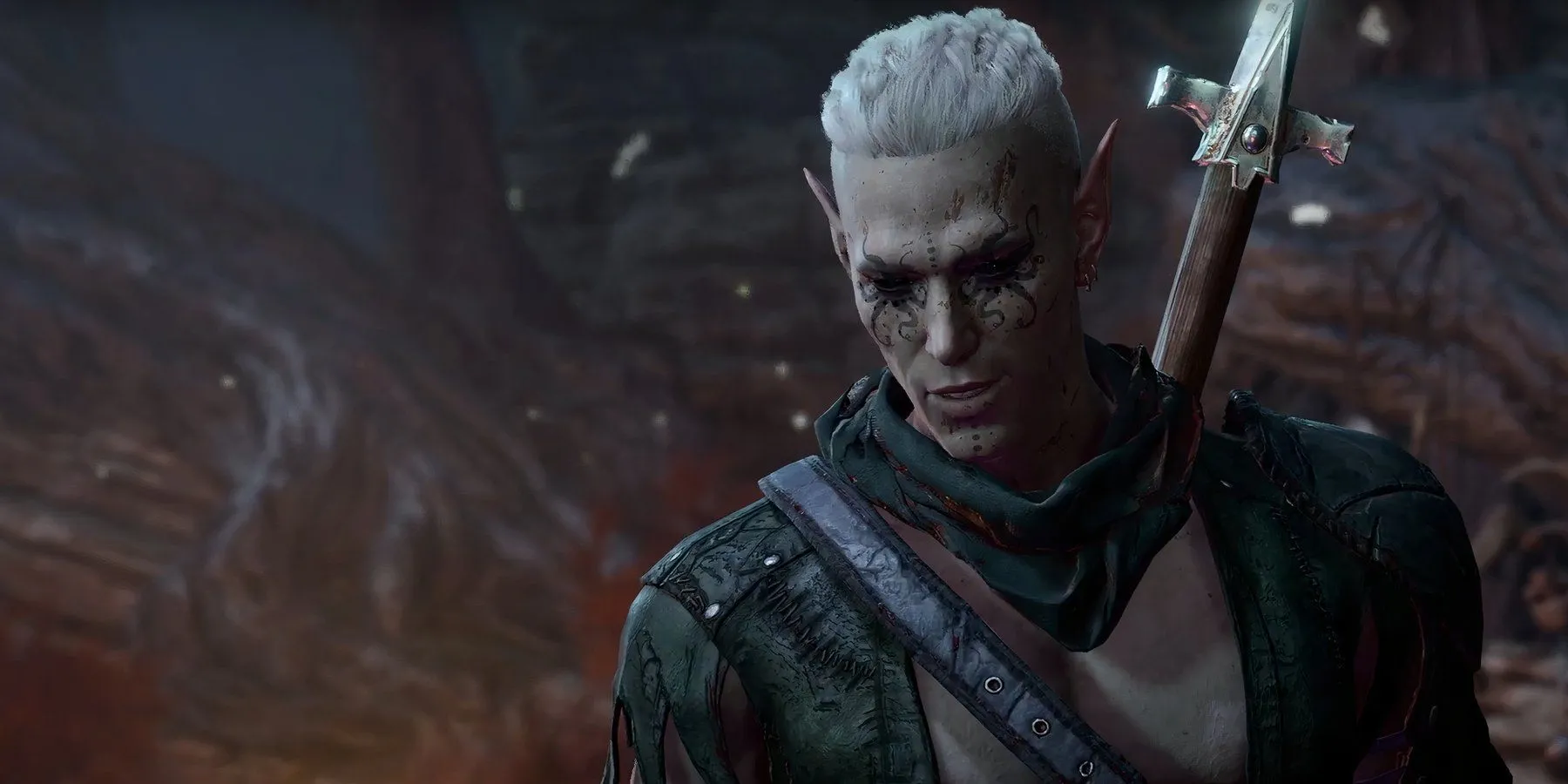 Khuôn mặt và phần thân trên của He Who Was trong Baldur's Gate 3, một nhân vật kỳ dị trong Shadow-Cursed Lands