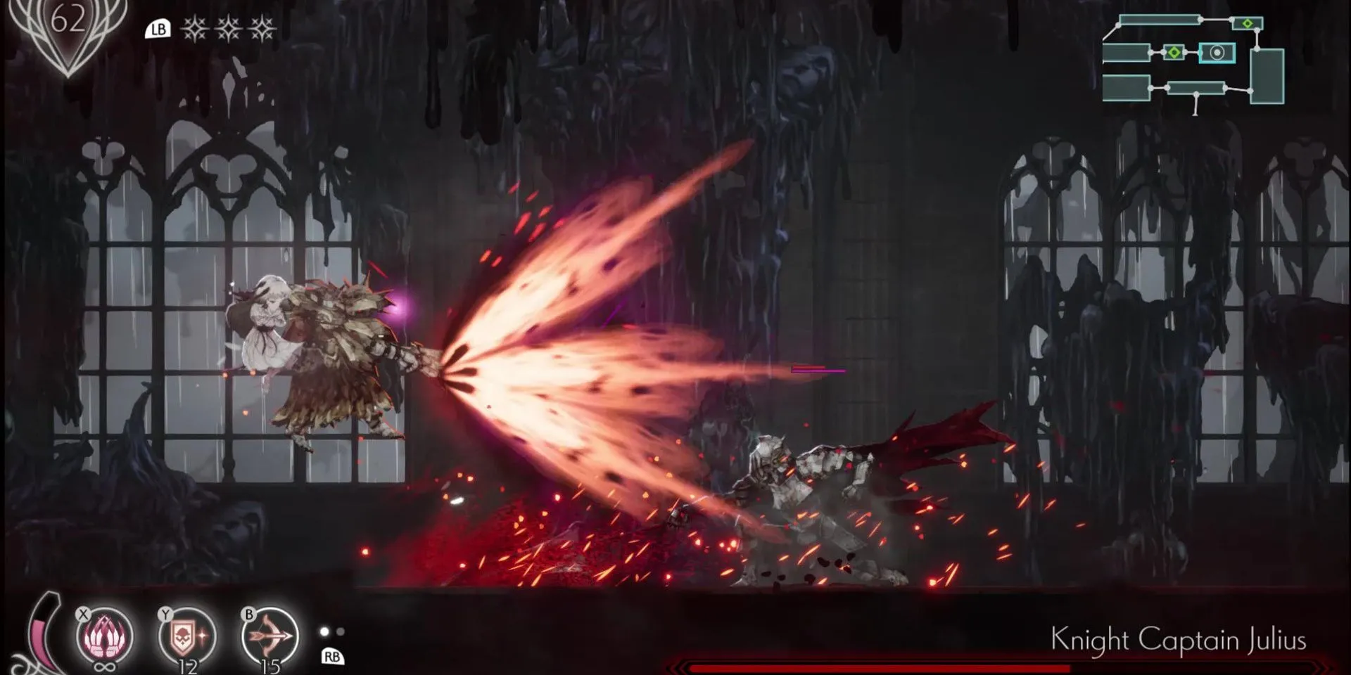 Lily chiến đấu với Knight Captain Julius trong Ender Lilies, triệu hồi linh hồn hỗ trợ trong game Soulsvania