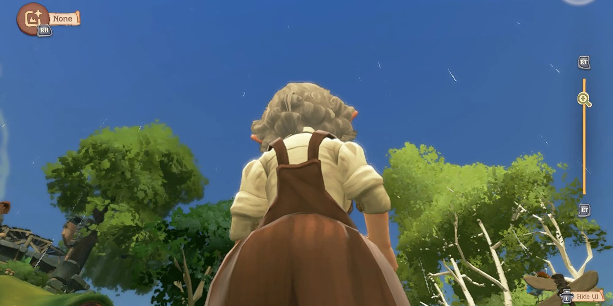 Lỗi hiển thị thời tiết trong Tales of the Shire, mưa dưới bầu trời xanh.