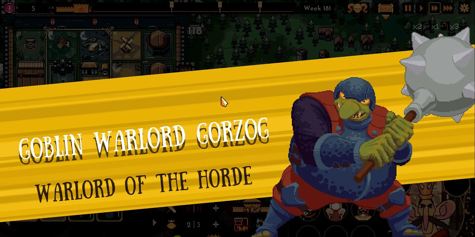 Màn hình Goblin Warlord Gorzog trong The King is Watching, minh họa kẻ thù và các trận chiến roguelite.