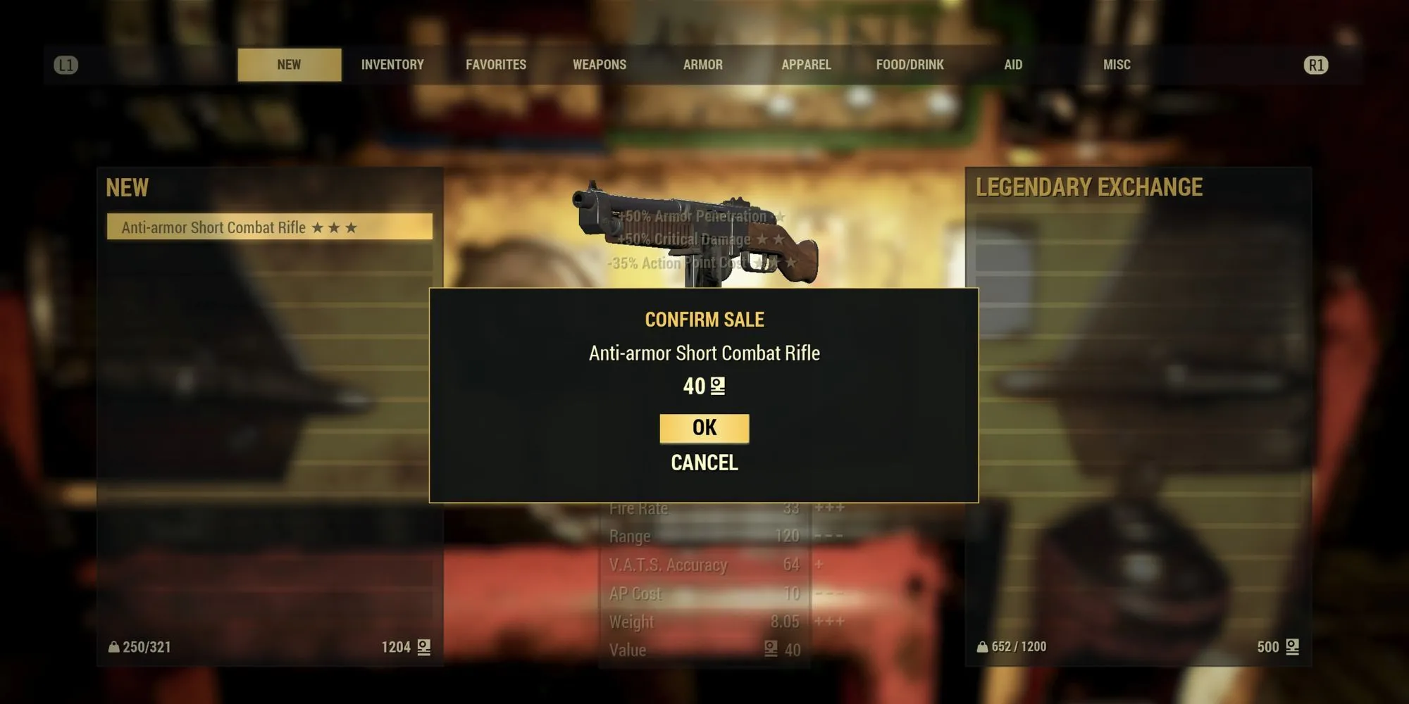 Máy Legendary Exchange trong Fallout 76 hiển thị giao diện bán vũ khí Legendary