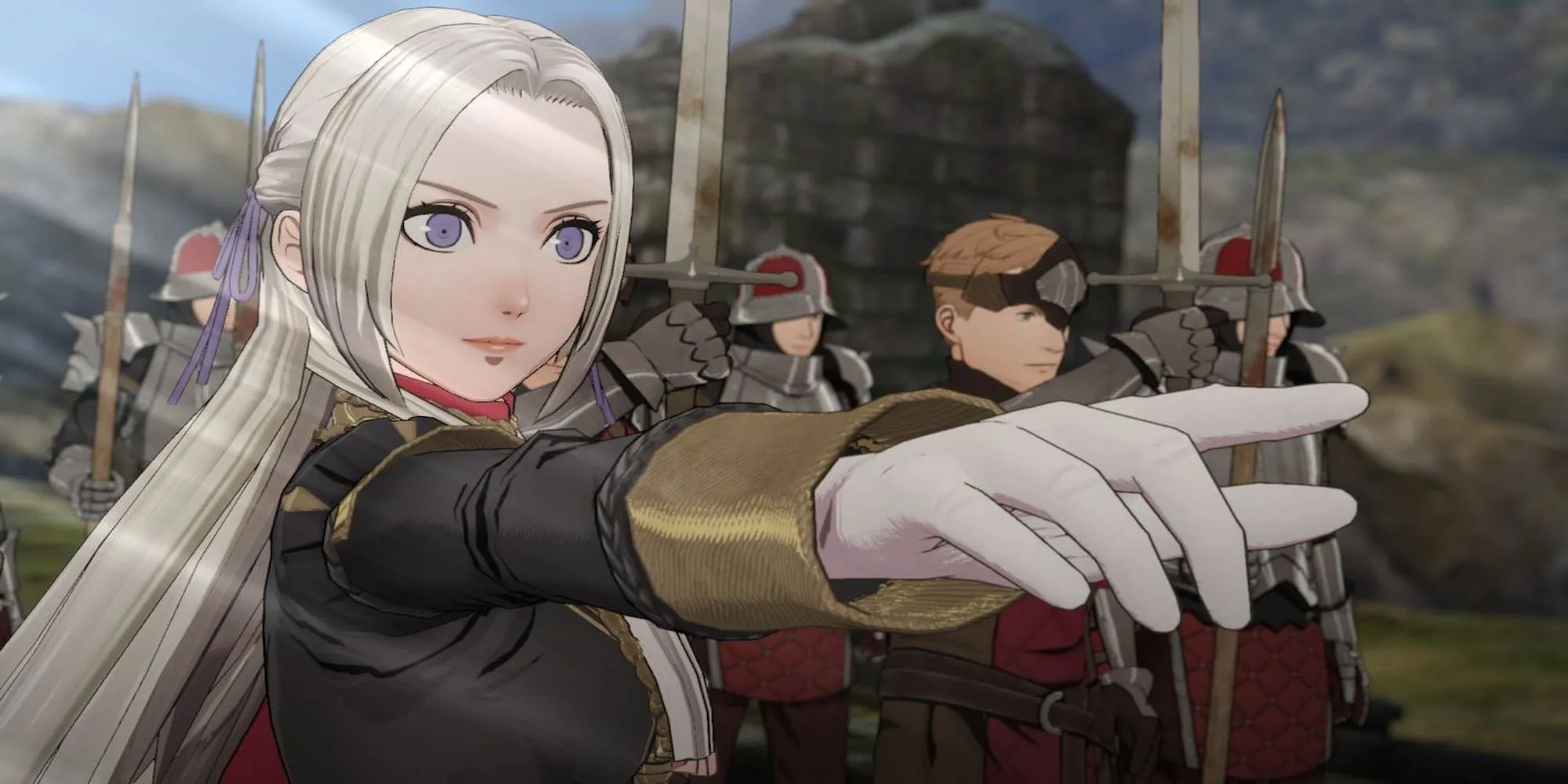 Mô tả hình ảnh: Edelgard trong Fire Emblem: Three Houses đang chỉ tay ra ngoài màn hình, tượng trưng cho những quyết định chiến thuật và sự gắn kết với đồng minh.