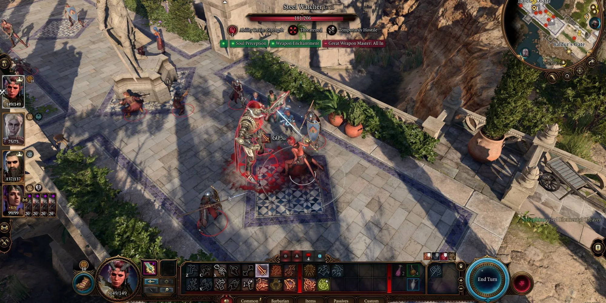 Mô tả hình ảnh: Một chiến binh khổng lồ đang chiến đấu trong Baldur's Gate 3, nổi bật với cơ chế chiến đấu dựa trên xúc xắc.