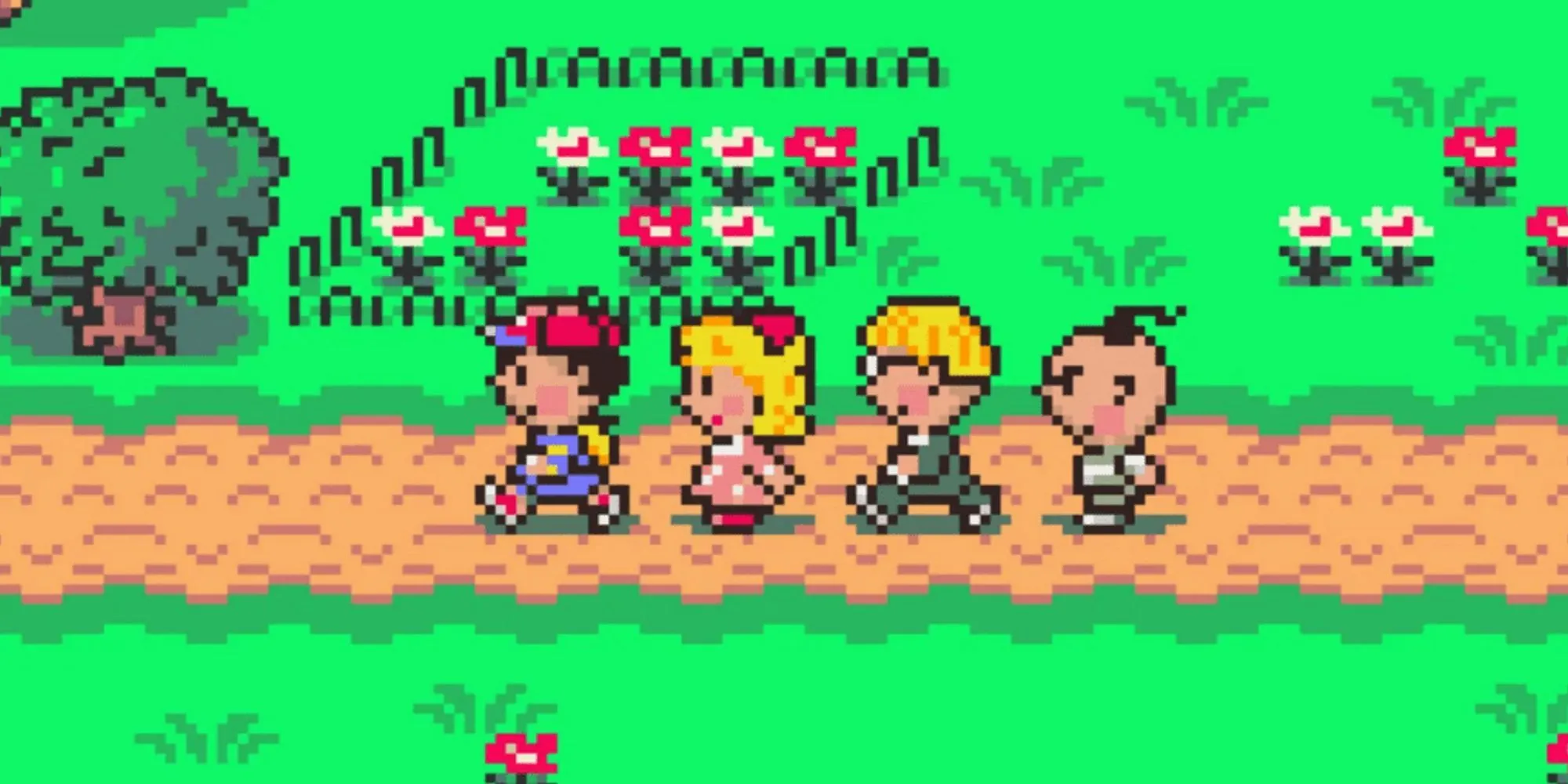 Ness và đồng đội trong Earthbound, tái hiện phong cách đồ họa pixel art đặc trưng của SNES.