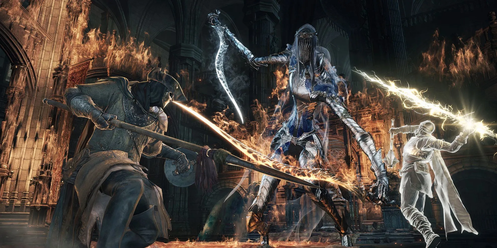 Người chơi và triệu hồi sư đối đầu với Dancer of the Boreal Valley trong Dark Souls 3