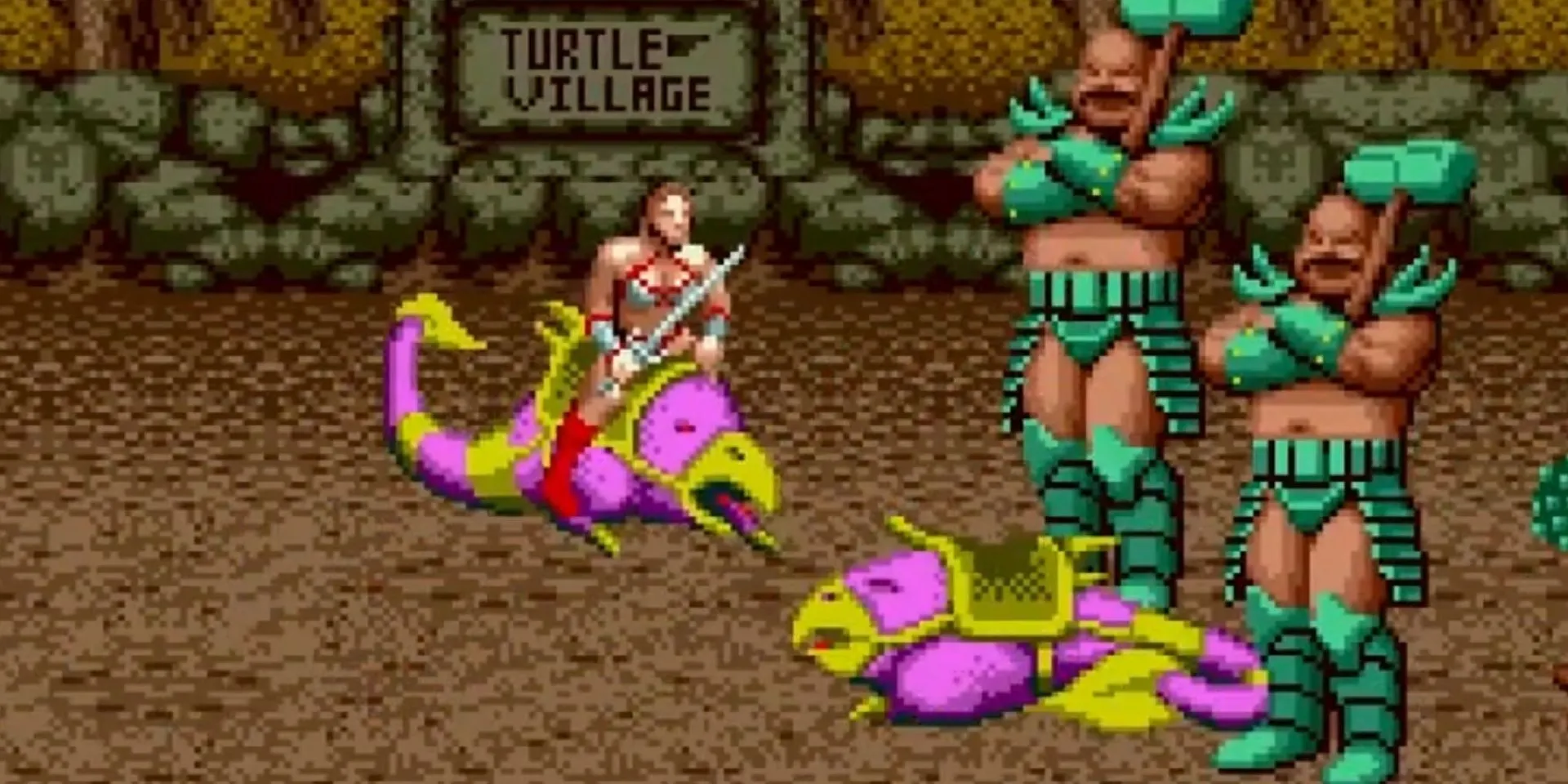 Nhân vật Ax the Barbarian cưỡi thú tấn công kẻ địch trong Golden Axe
