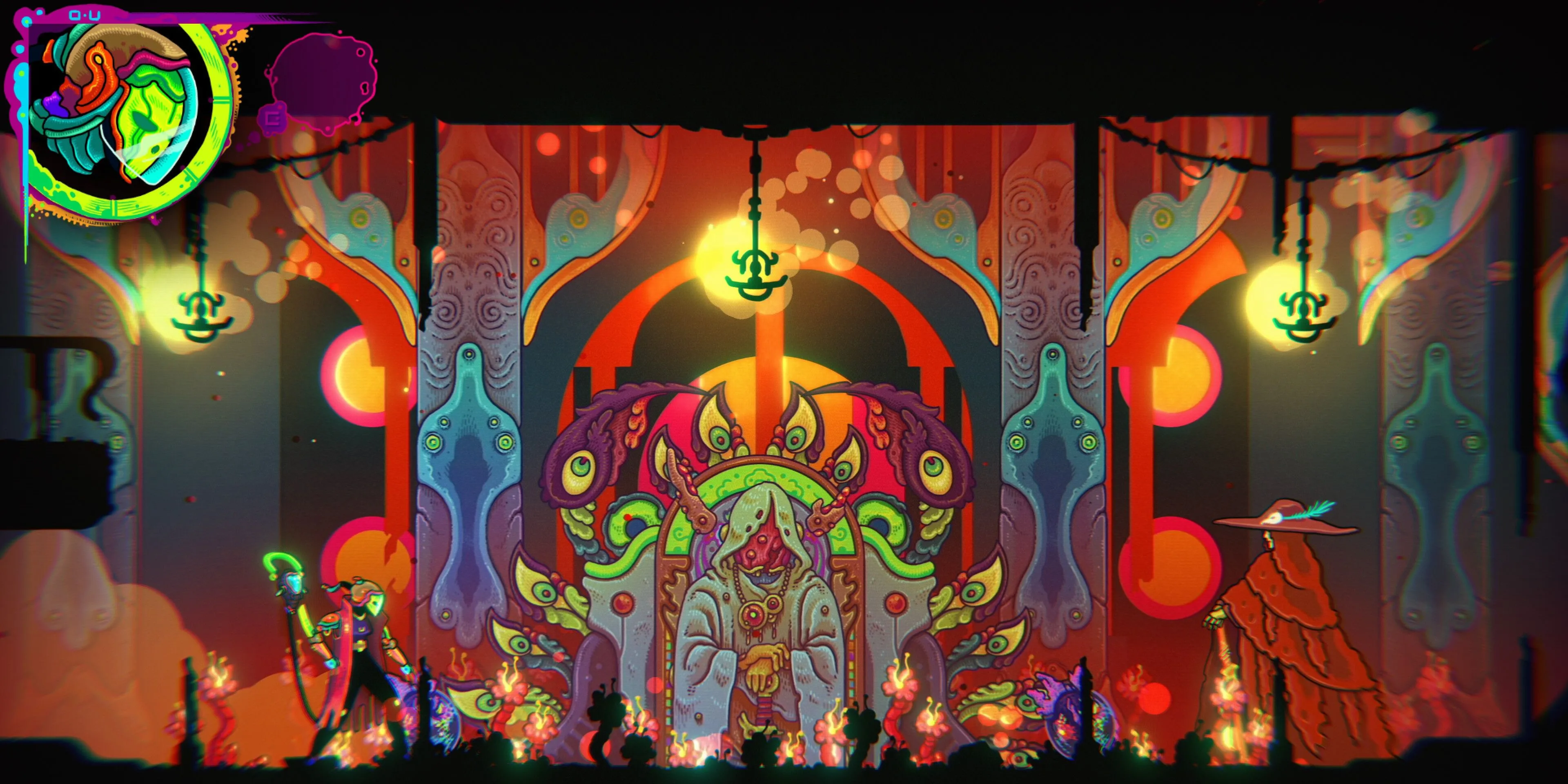 Nhân vật chính đứng gần bức tượng trong Ultros, thể hiện đồ họa psychedelic và thế giới đầy ảo ảnh