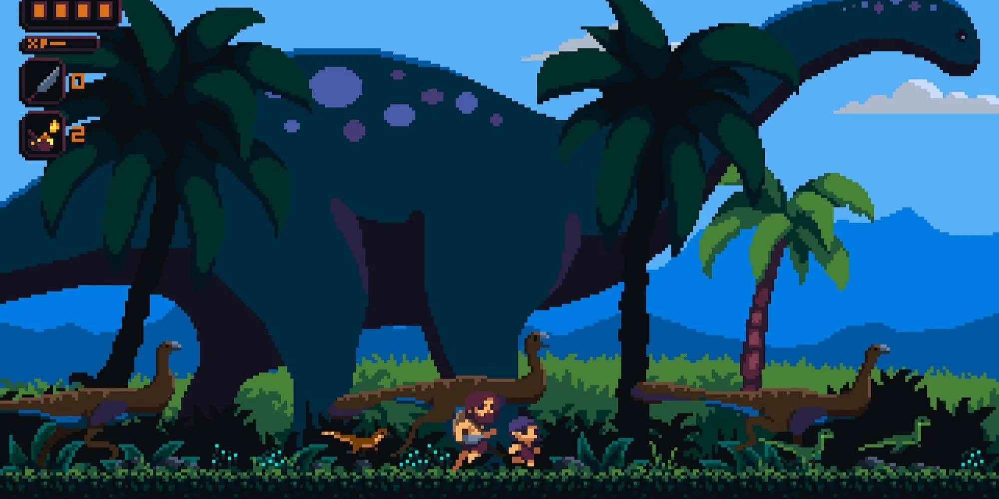 Nhân vật người tiền sử chạy cạnh khủng long trong Primal Planet, game Metroidvania co-op chủ đề tiền sử và khoa học viễn tưởng