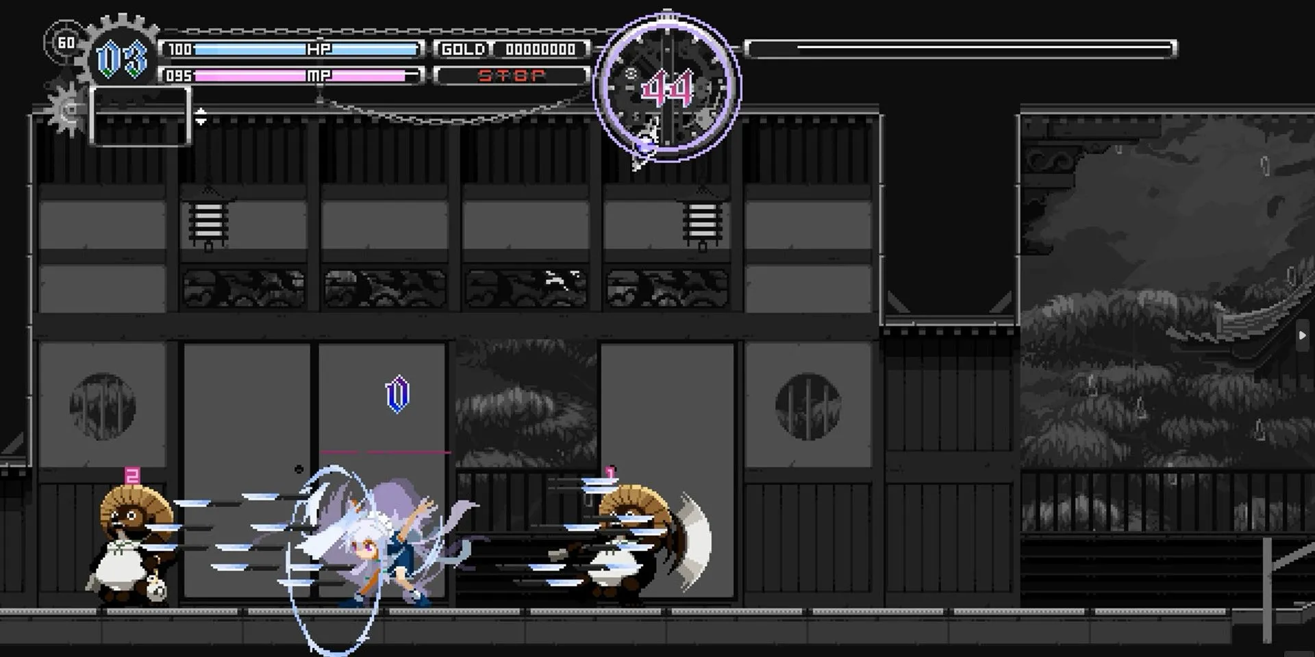 Sakuya Izayoi ném dao trong thời gian ngừng lại, một cơ chế chính trong Touhou Luna Nights