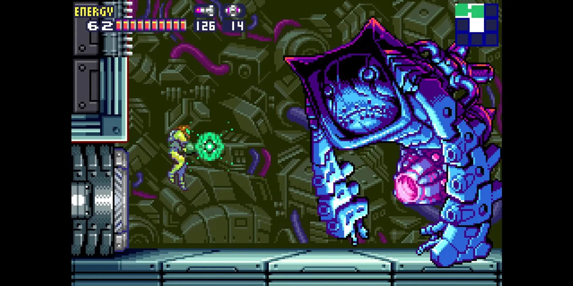 Samus Aran chiến đấu với sinh vật X-Parasite trong tựa game Metroidvania Metroid Fusion.