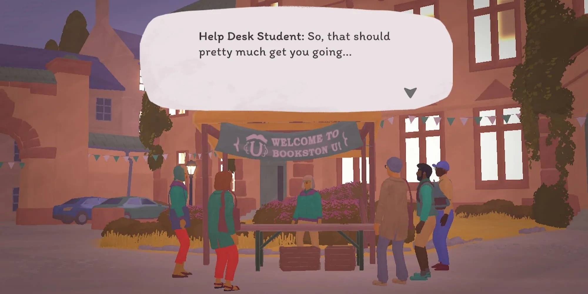 Sinh viên tại bàn trợ giúp trong Tiny Bookshop, thể hiện các tương tác nhân vật và nhịp độ gameplay