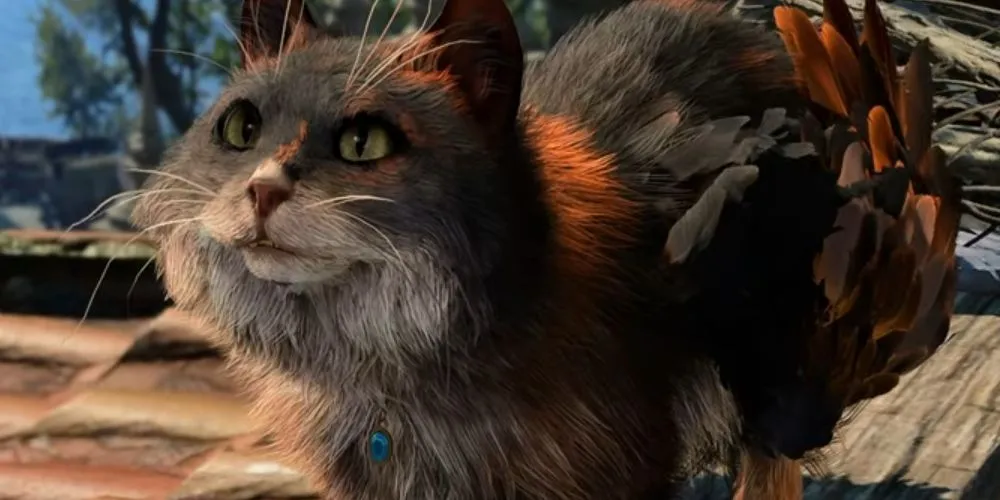 Tara, chú Tressym của Gale, kẻ thủ ác trong nhiệm vụ "Tìm Thư Bị Mất" của Baldur's Gate 3, đang ngồi trên mái nhà với cánh thư bị cắn