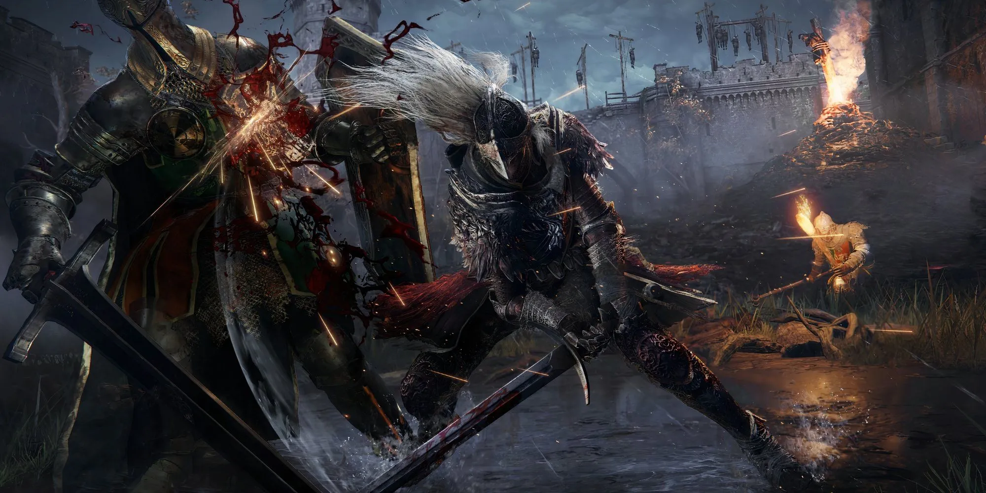 Tarnished trong bộ giáp Sói Điên (Raging Wolf Armor) chiến đấu với kỵ sĩ Godrick trong Elden Ring