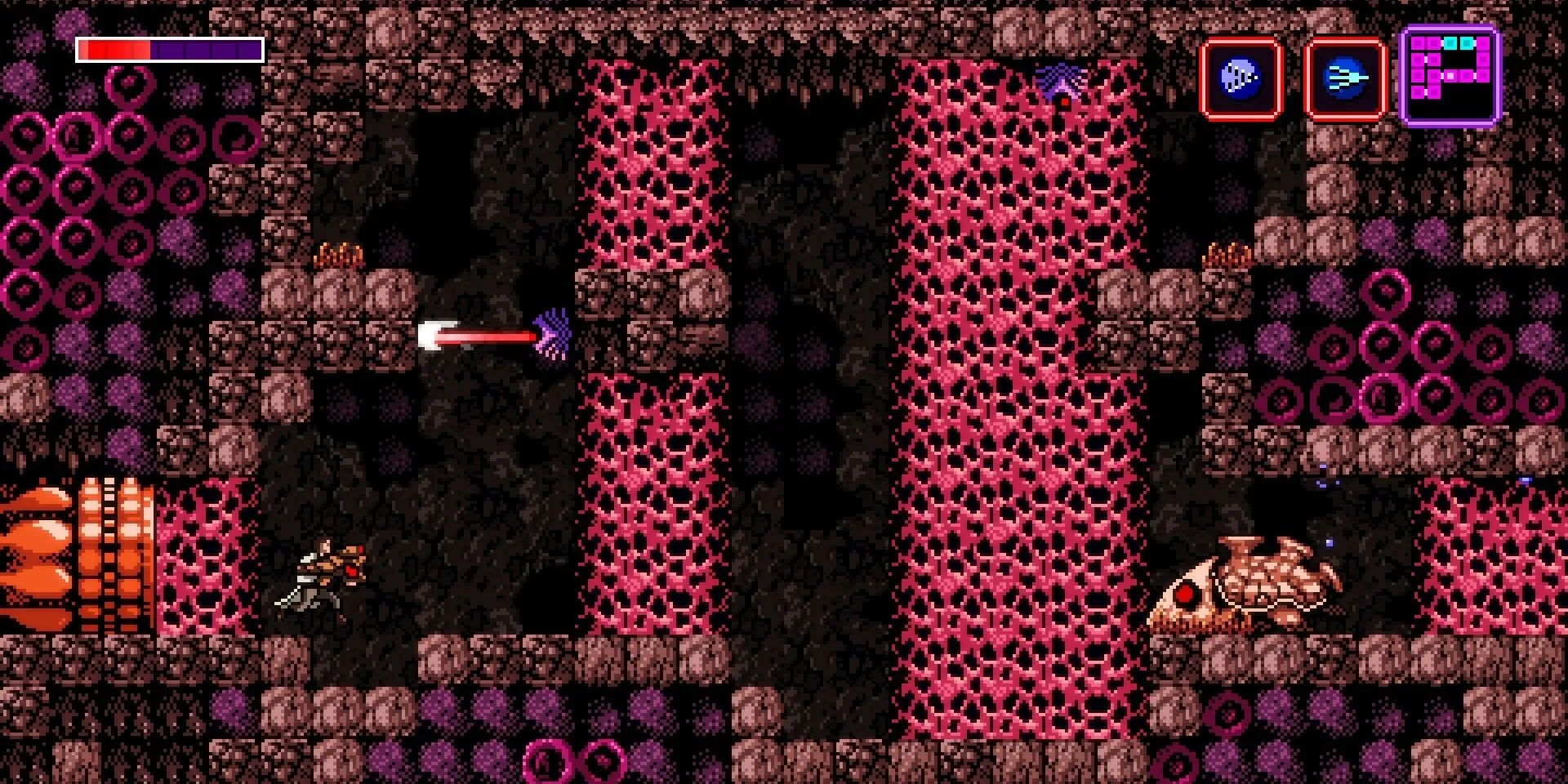 Trace đối mặt với những bức tường lớn trong Axiom Verge, game Metroidvania cho phép người chơi glitching môi trường