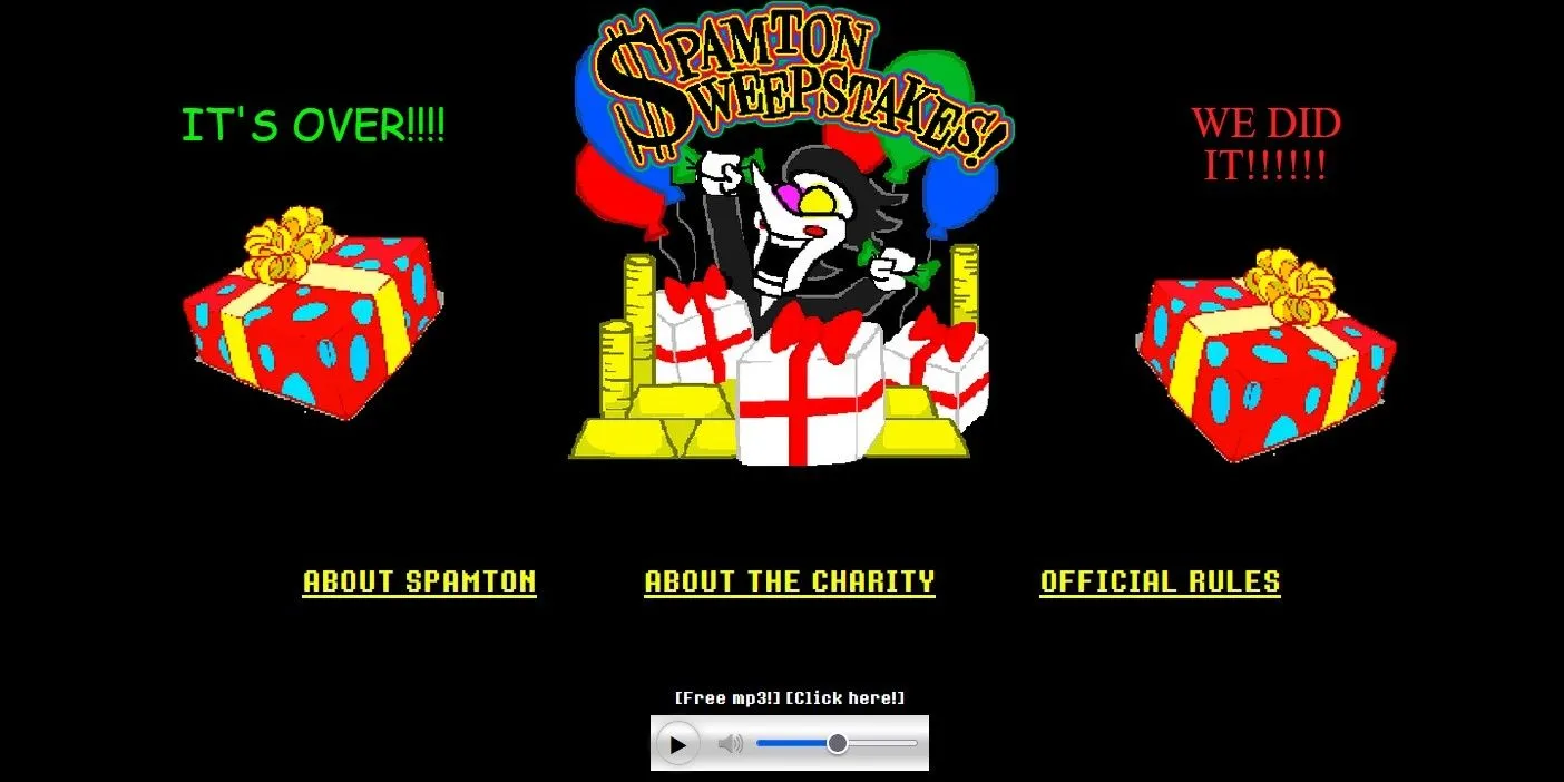 Trang chủ của sự kiện từ thiện Spamton Sweepstakes, một Alternate Reality Game của Deltarune