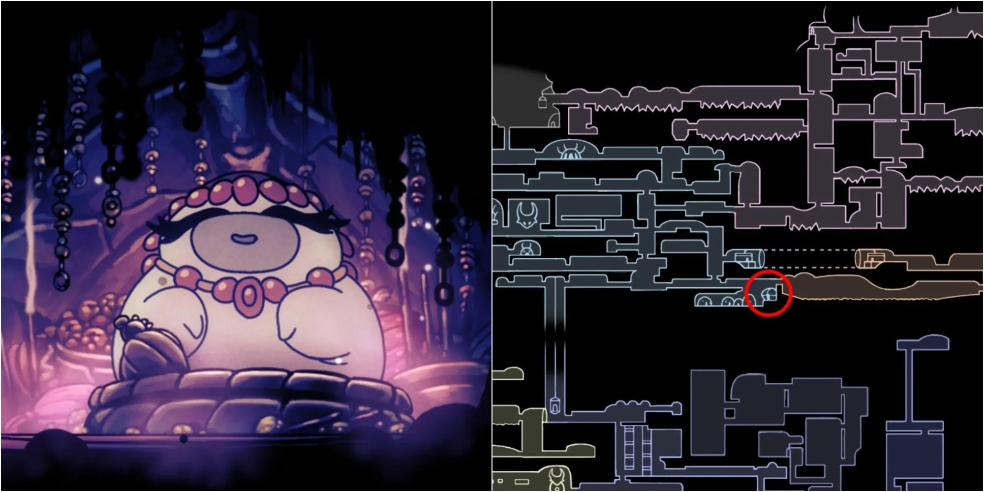 Vị trí 4 Charm Notch từ cửa hàng của Salubra tại Forgotten Crossroads trong Hollow Knight