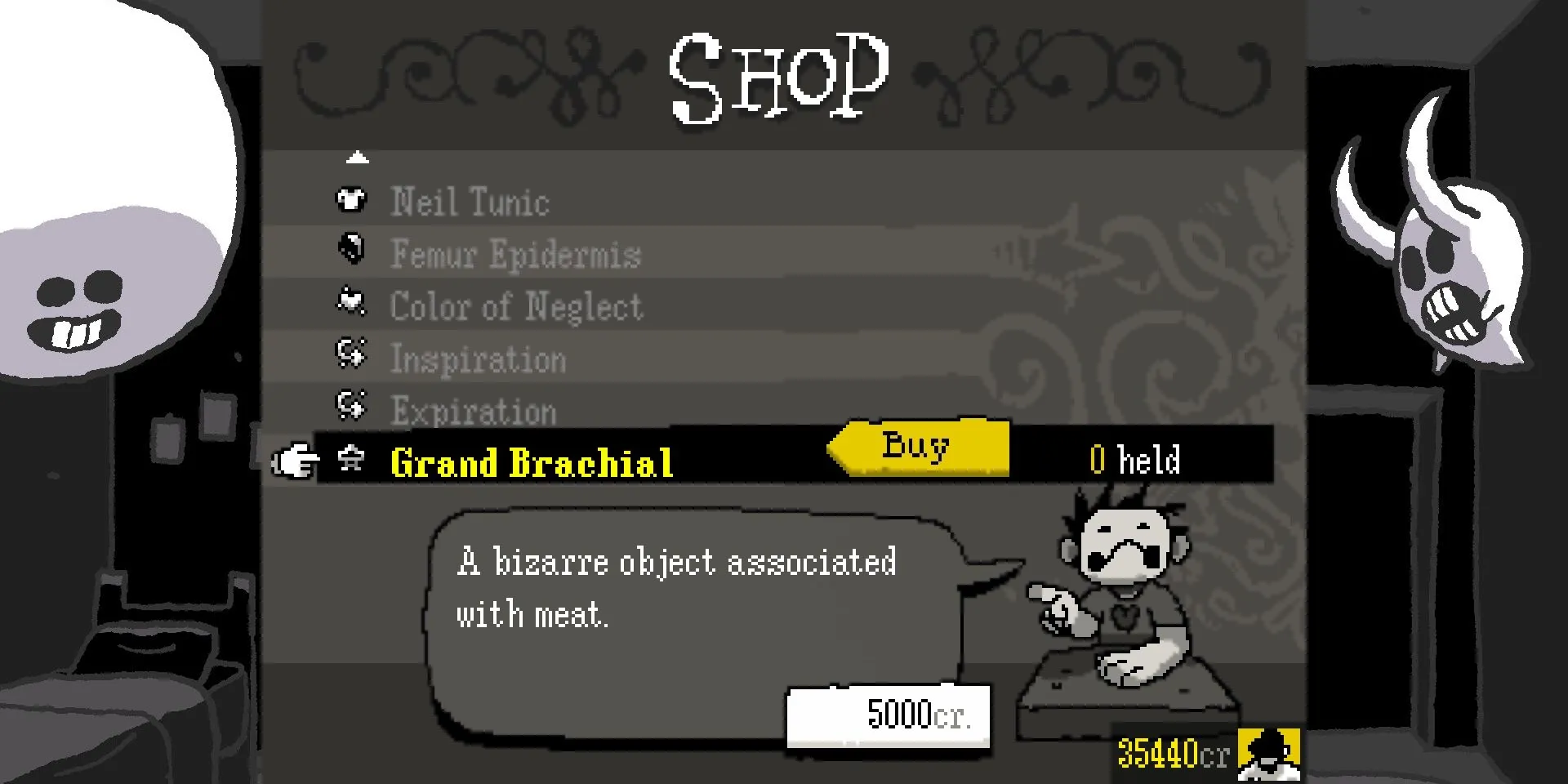 Zacharie bán vật phẩm Grand Brachial cho The Batter tại The Room, hiển thị giá 5000 credits.