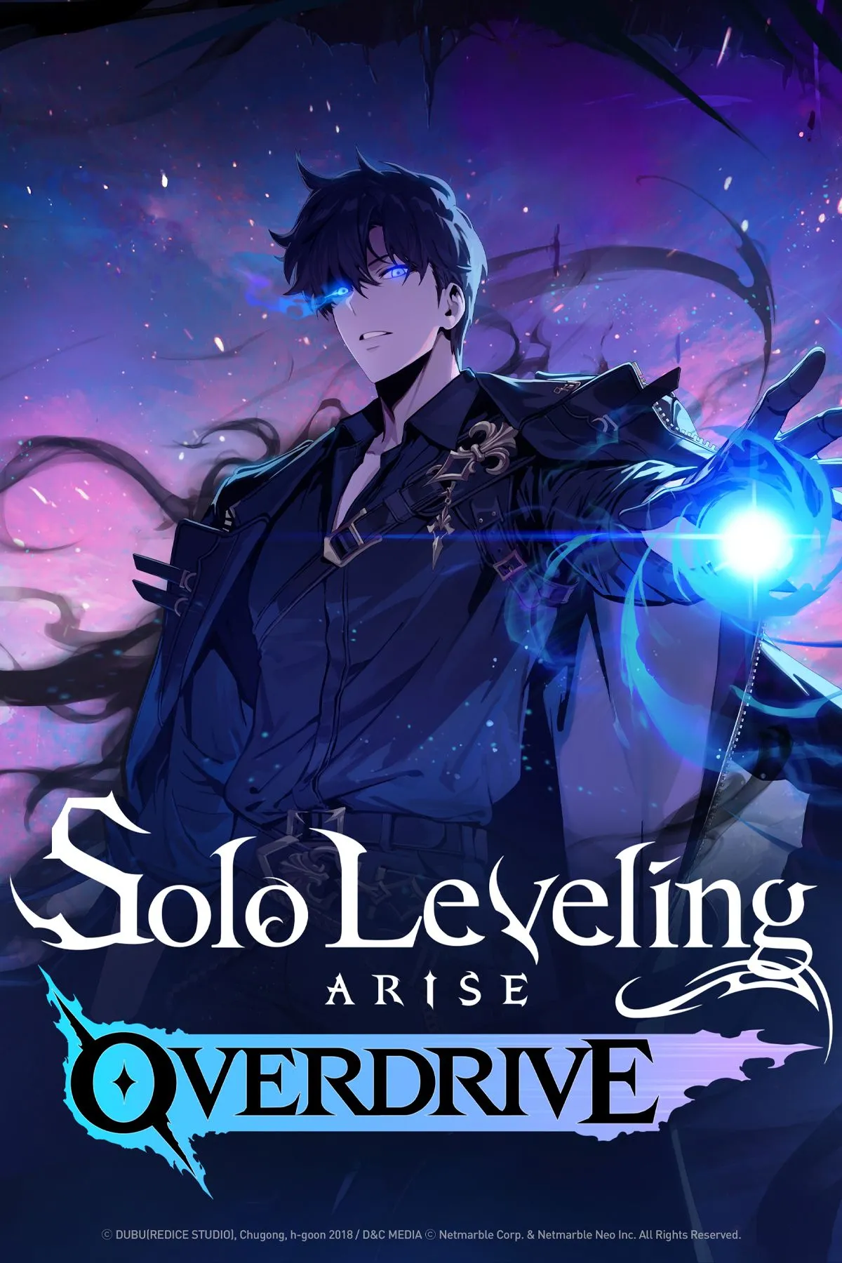 Ảnh bìa Solo Leveling ARISE OVERDRIVE thể hiện trang phục Monarch và hiệu ứng bóng tối