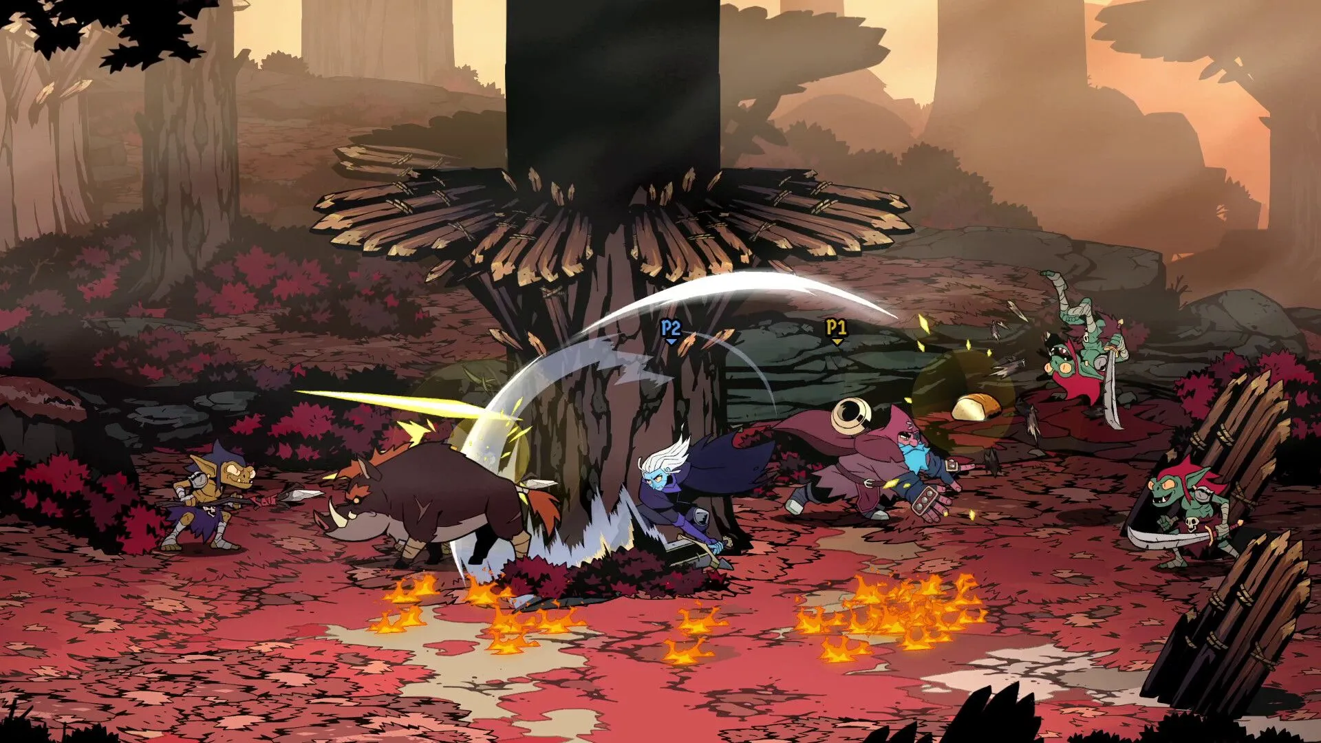 Ảnh chụp màn hình gameplay Absolum: HUD tối giản, Arcana và ritual hiển thị, giao tranh nhiều mục tiêu