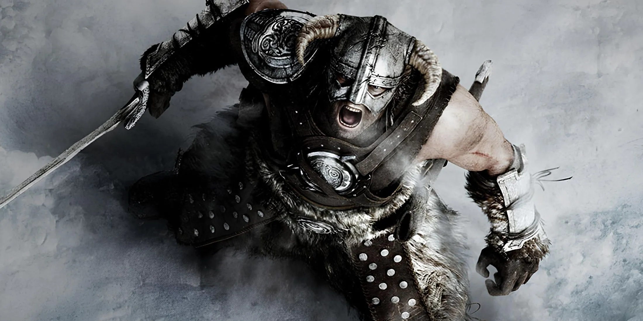 Ảnh chụp Skyrim, hiển thị biểu tượng Dragonborn và cảnh quan bắc Âu giả tưởng