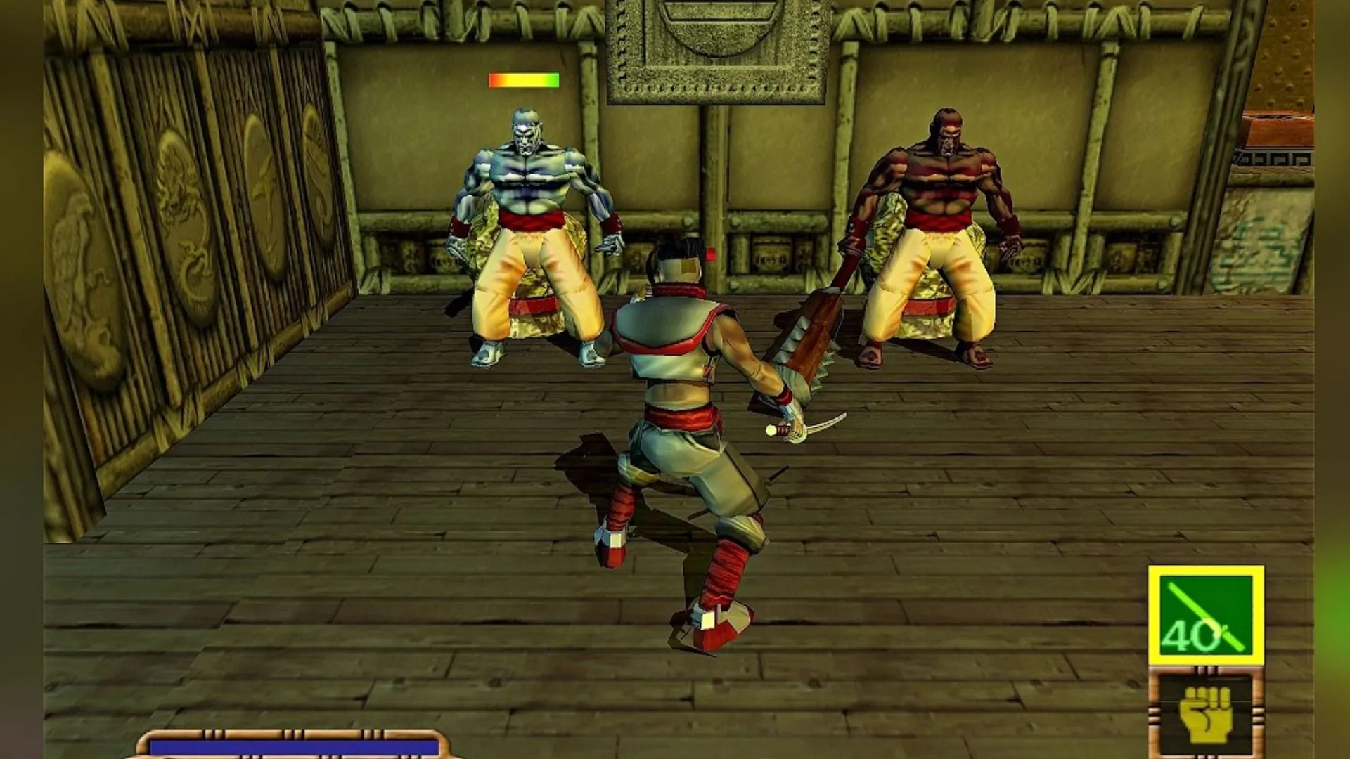 Ảnh GoDai: Elemental Force trên PS2 thể hiện nhân vật bay lượn và môi trường màu tối kém chi tiết