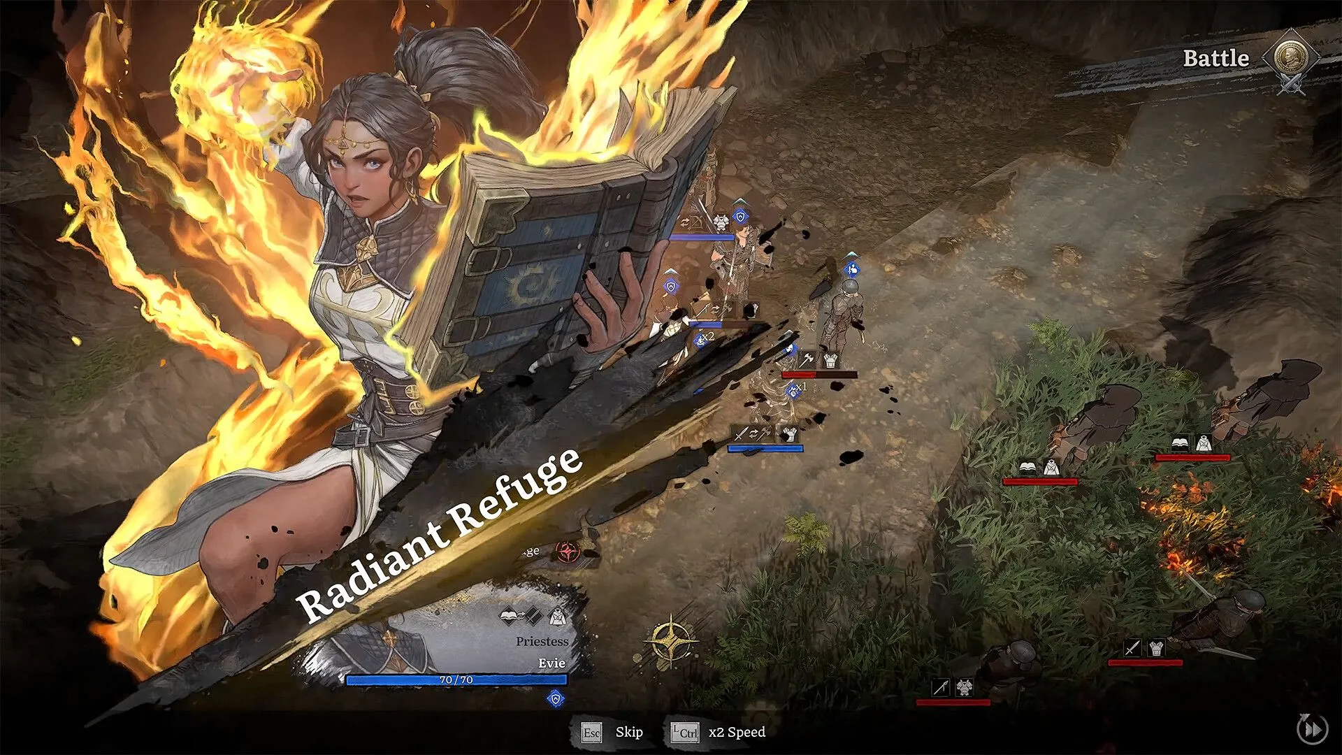 Ảnh screenshot thể hiện cảnh chiến đấu với hiệu ứng địa hình và kỹ năng AOE