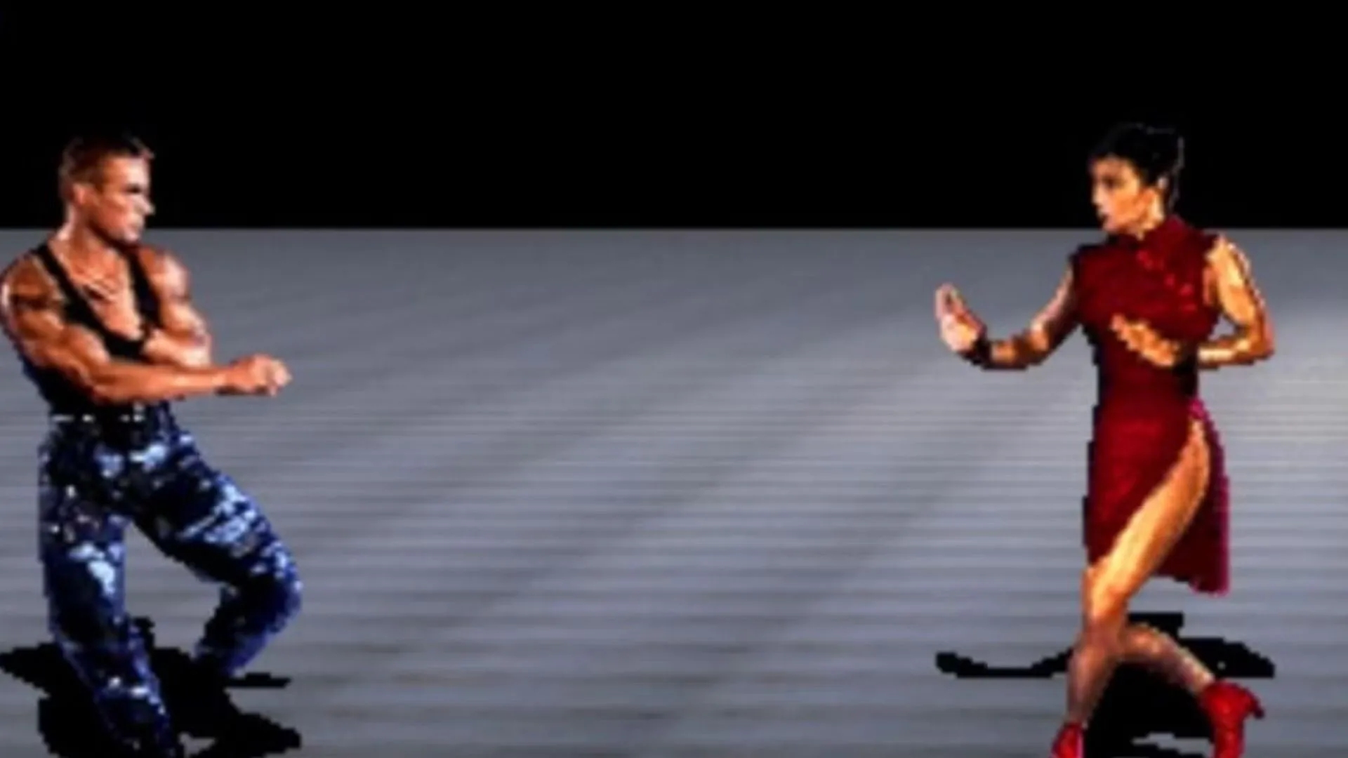 Ảnh Street Fighter: The Movie thể hiện giao diện chiến đấu dựa trên diễn viên thực tế, nhấn vào sự khác biệt so với sprite truyền thống