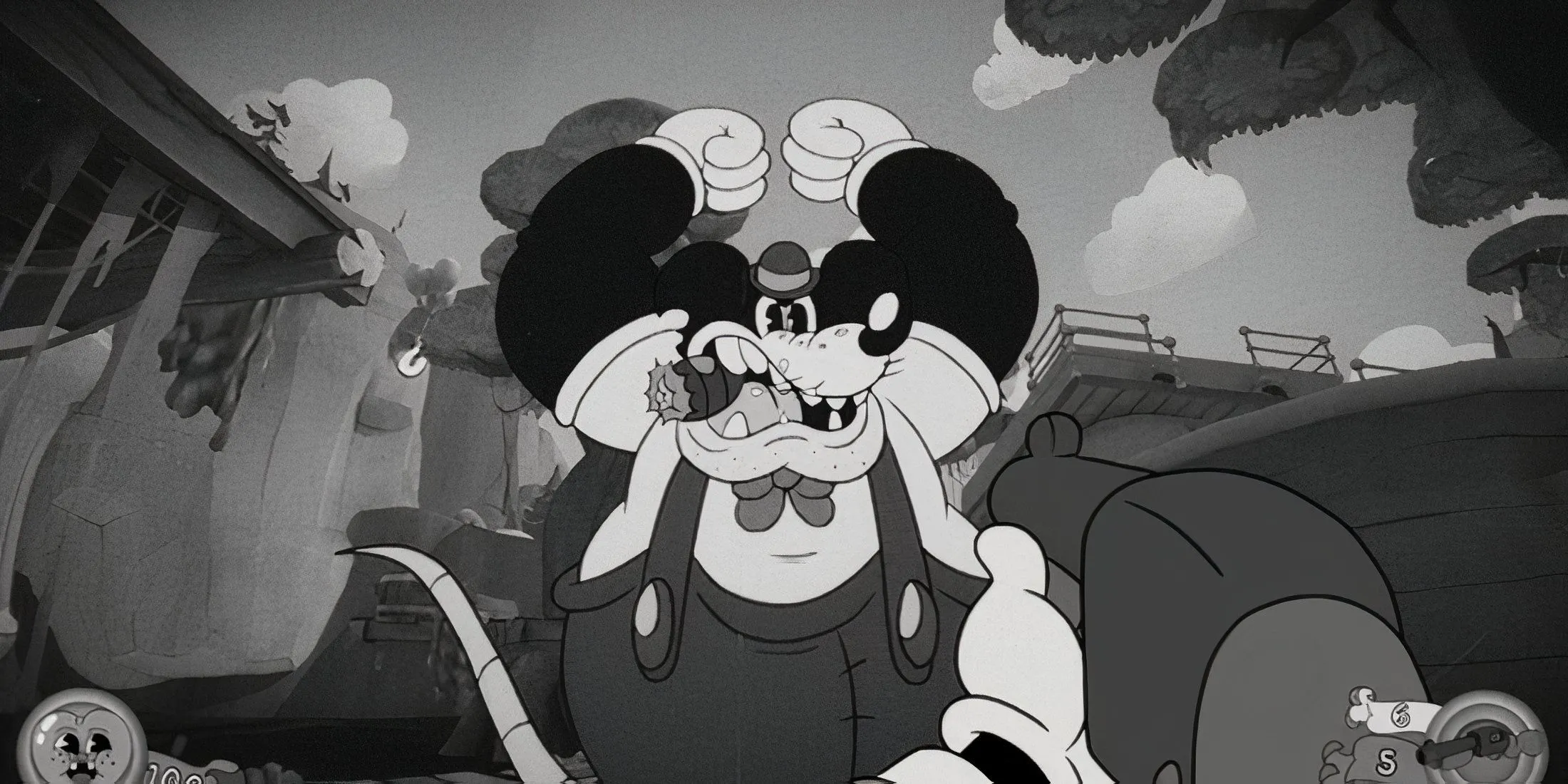 Ảnh tổng hợp gameplay Mouse: P.I. For Hire trình diễn môi trường Mouseburg và phong cách hoạt hình giống Cuphead