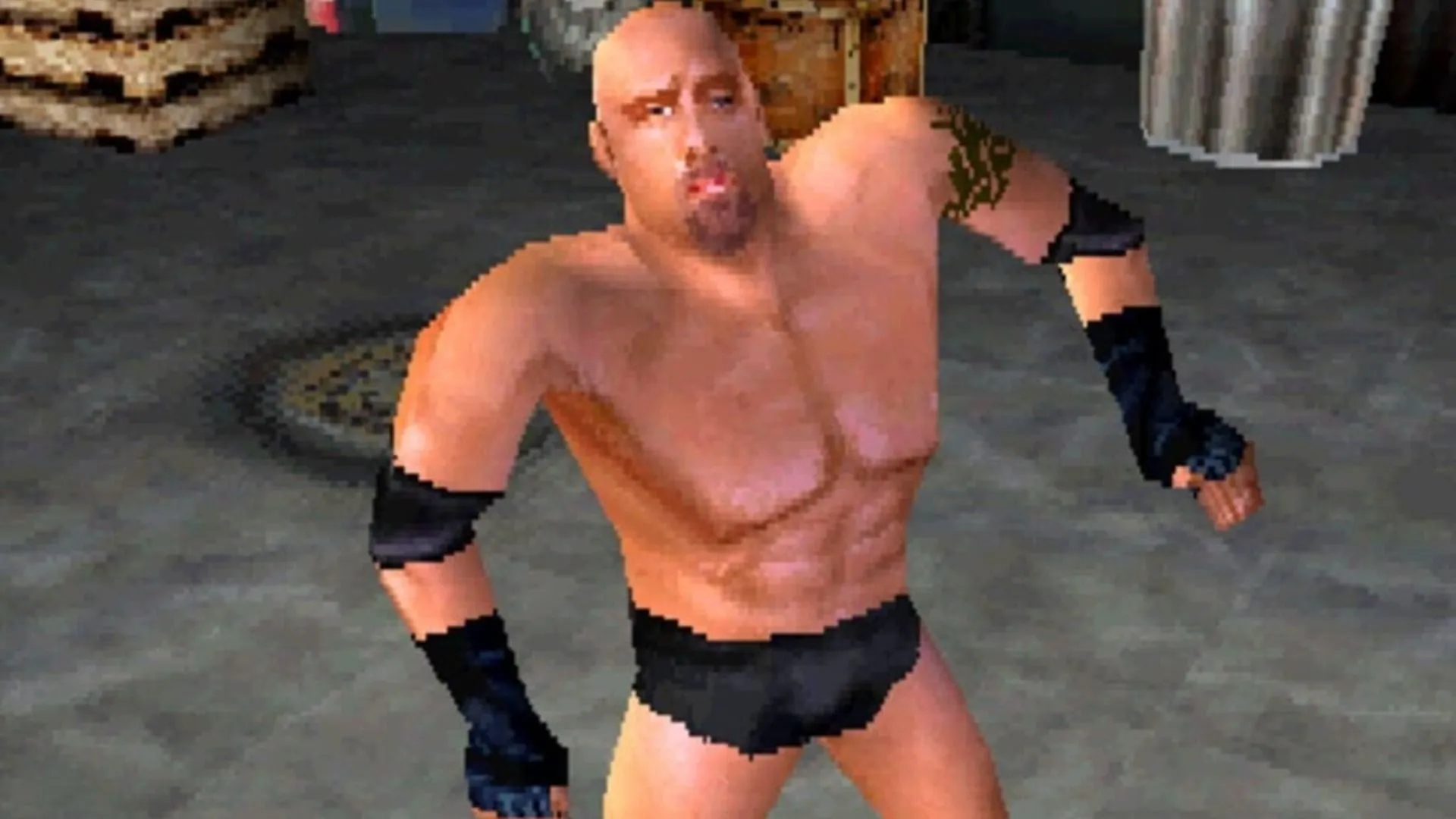 Ảnh WCW Backstage Assault minh họa đấu hậu trường, thiếu sàn đấu vật truyền thống và biểu hiện thiết kế môi trường hạn chế